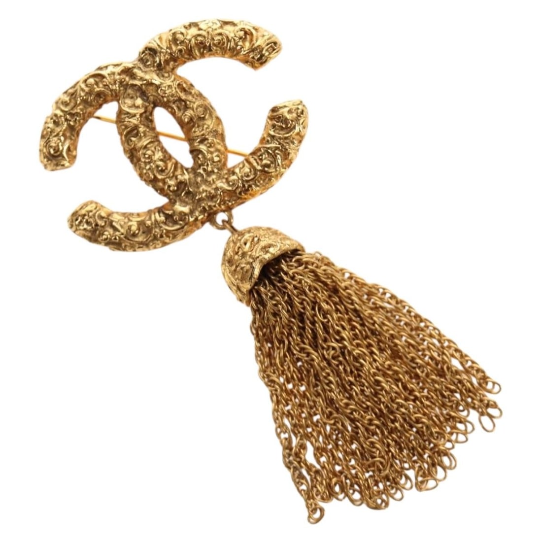 CHANEL CC Lava Fringe Brooch Gold Tone Metal 91 A: CHANEL CC Lava Fringe Brooch Gold Tone Metal 91 A Authentic CHANEL CC fringe lava brooch in gold-tone metal. This women's brooch includes the item box and is noted as being in excellent condition, wit