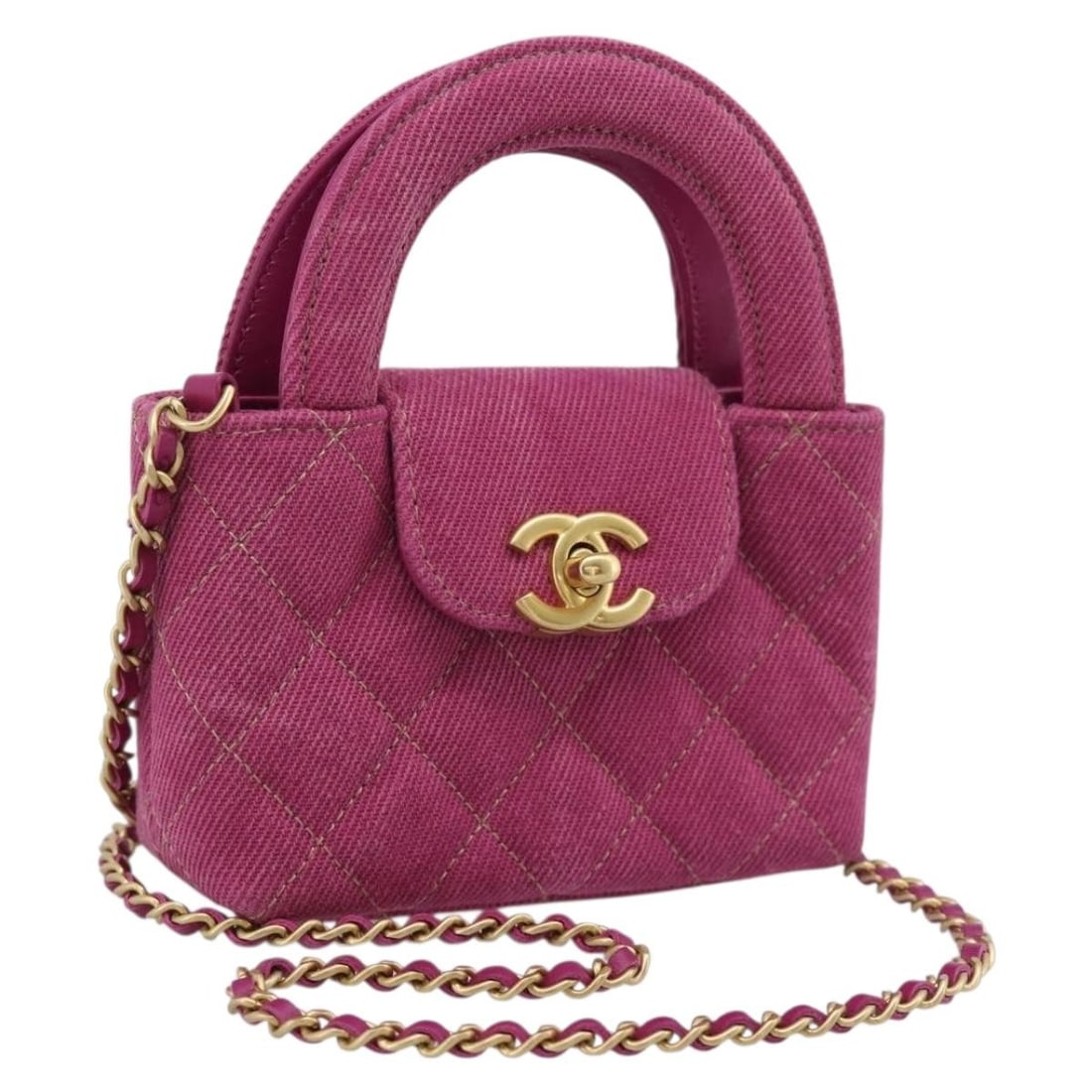 CHANEL CC Pink Canvas 2way Shoulder Pouch Chain Strap: CHANEL CC Pink Canvas 2way Shoulder Pouch Chain Strap Compact CHANEL Matelasse chain shoulder pouch in pink and gold canvas with a 2-way design. This women's shoulder bag is made in France and include