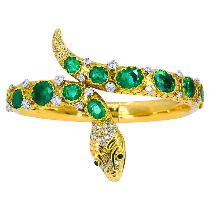 18k Yellow Gold Snake Bangle with Emeralds and Diamonds (1 of 12)
