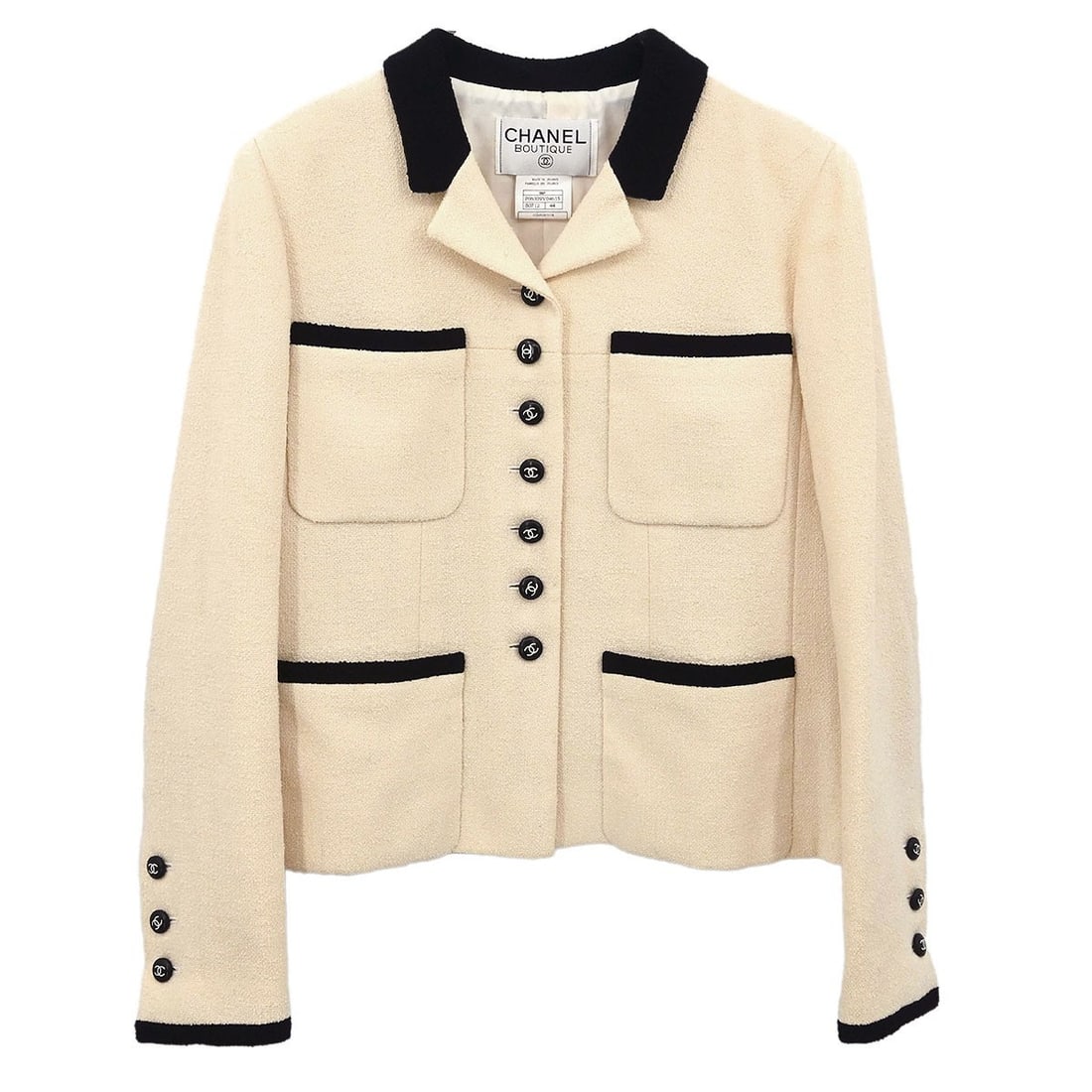 Vintage CHANEL 96P Off White Wool Nylon Jacket FR 44: Vintage CHANEL 96P Off White Wool Nylon Jacket FR 44 Vintage Chanel single-breasted jacket in off-white with black detailing, featuring a collared design, long sleeves, button closure, and four exteri