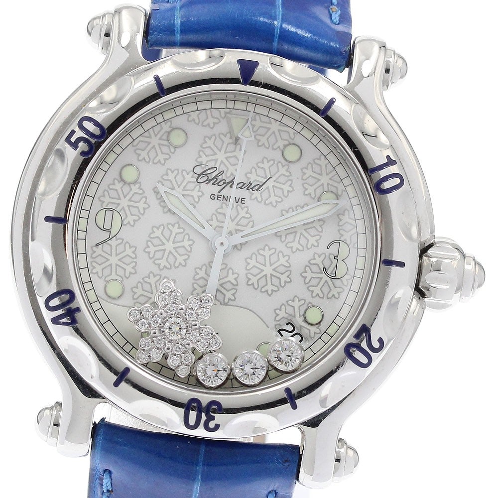 Chopard Happy Sport 28 8948 womens quartz watch with 3 diamonds: Chopard Happy Sport 28 8948 womens quartz watch with 3 diamonds Pre-owned Chopard Happy Sport Snowflake women's wristwatch with a quartz movement and date function. This watch-only offering features a
