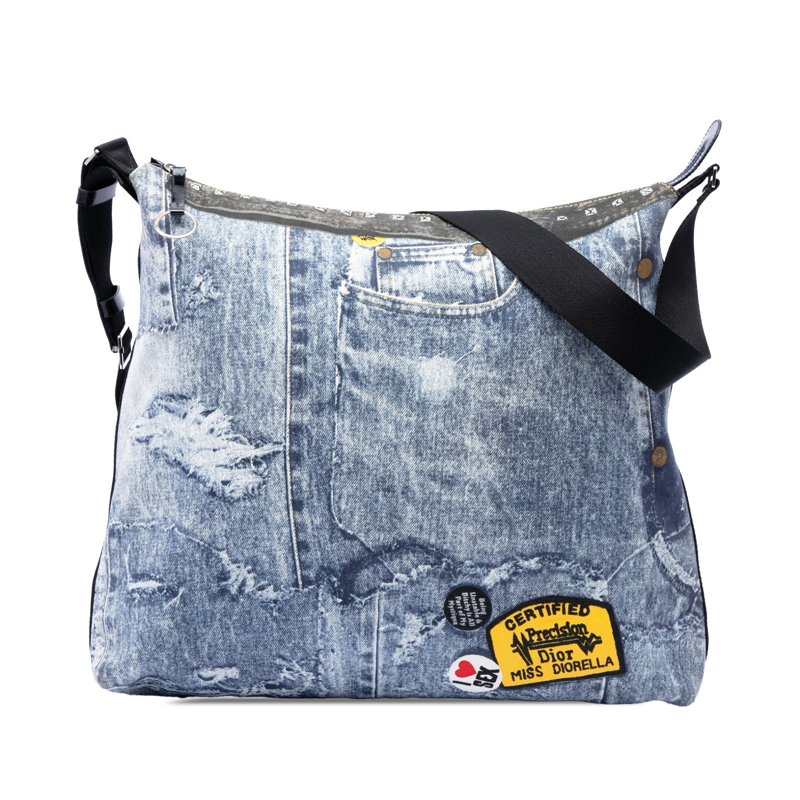 Dior Miss Diorella Large Printed Denim Canvas Crossbody Bag: Dior Miss Diorella Large Printed Denim Canvas Crossbody Bag Large Dior Miss Diorella messenger bag crafted in printed denim canvas with a zip-top closure, adjustable flat crossbody strap, and an inter