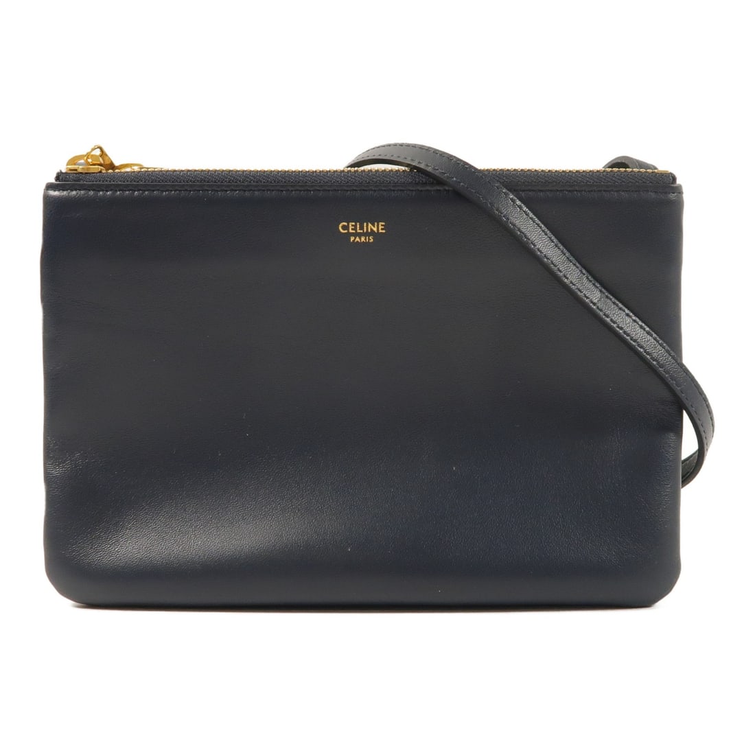 CELINE Trio 192033CAD.07OC Navy Lambskin Shoulder Bag: CELINE Trio 192033CAD.07OC Navy Lambskin Shoulder Bag A CELINE Trio shoulder bag in navy lambskin (sheep leather) with a shoulder strap length of 93-118 cm. It is a women's regular-size shoulder bag m