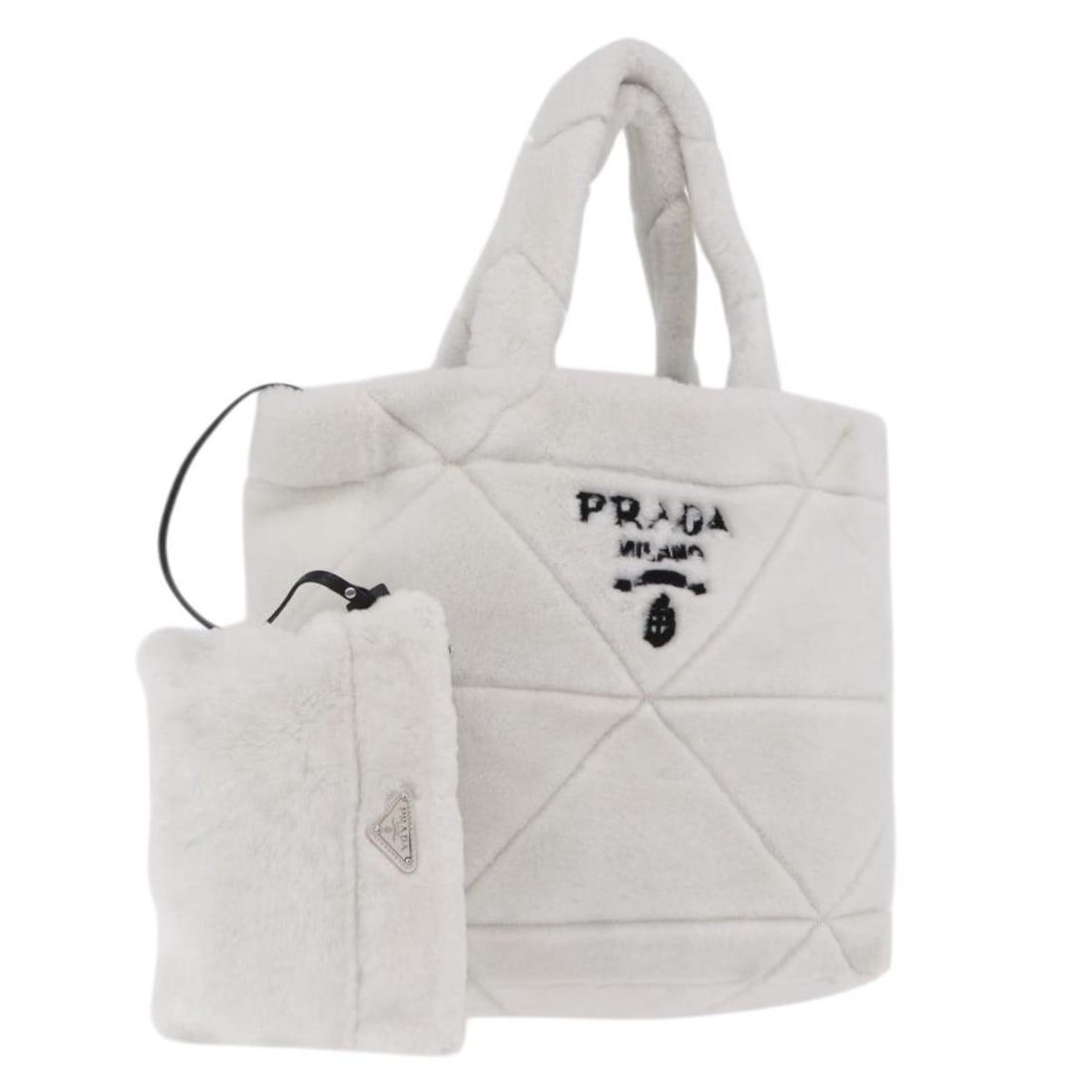 PRADA Fur Tote Handbag White Silver with Dust Bag Pouch: PRADA Fur Tote Handbag White Silver with Dust Bag Pouch Prada tote bag in white and silver fur with a clean, structured silhouette. Made in Italy, this women's bag includes a dust bag and pouch. It is