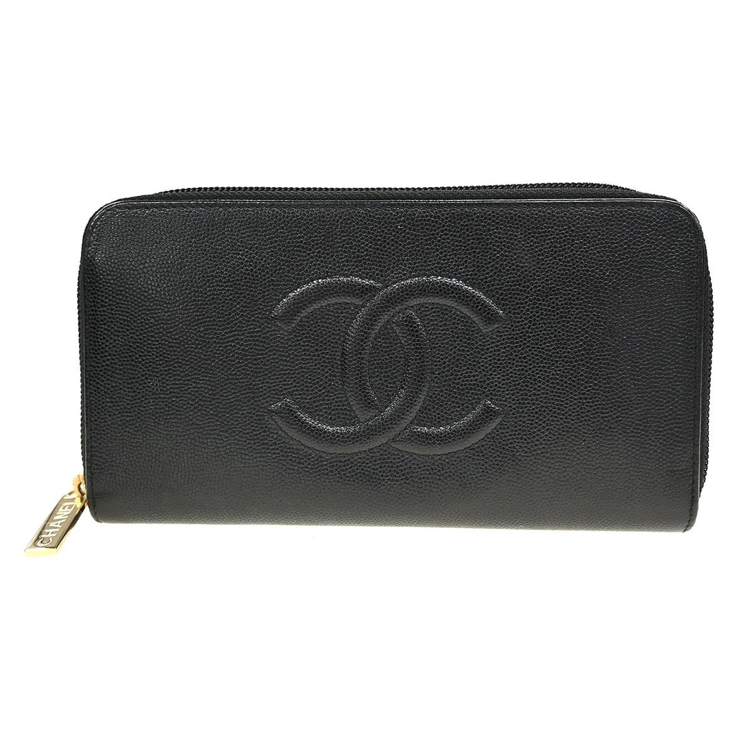 CHANEL Caviar Leather Zip Around Wallet Black: CHANEL Caviar Leather Zip Around Wallet Black Chanel zip-around wallet in black caviar skin leather. This women's wallet includes a serial sticker and box. The exterior shows very good overall conditi