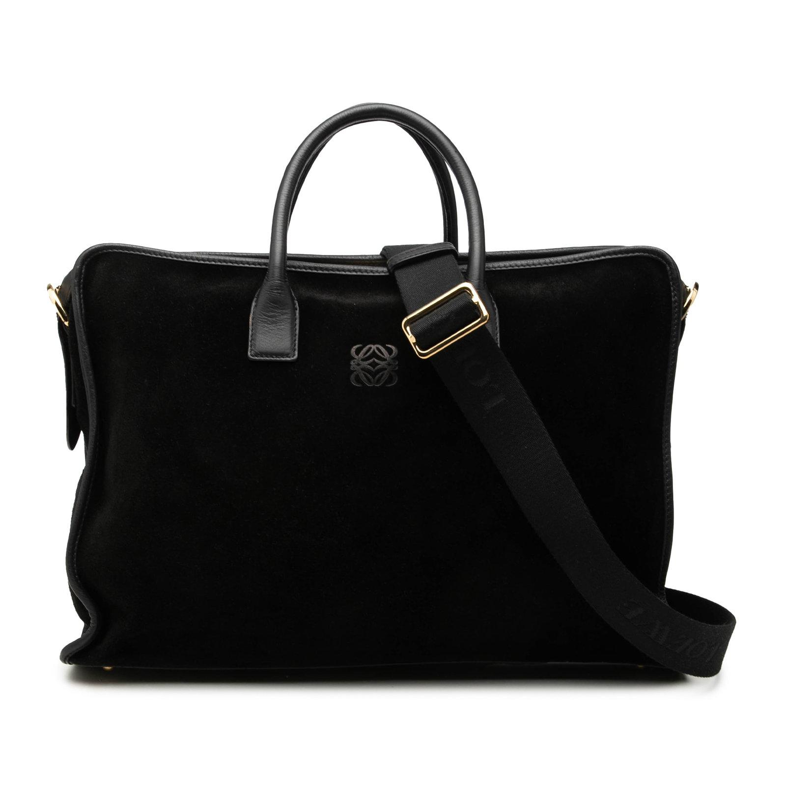 LOEWE Amazona Business Bag in Black Suede Leather: LOEWE Amazona Business Bag in Black Suede Leather LOEWE Suede Amazona Business Bag in black with a suede leather body and rolled leather handles. The bag features a detachable flat canvas strap, top z