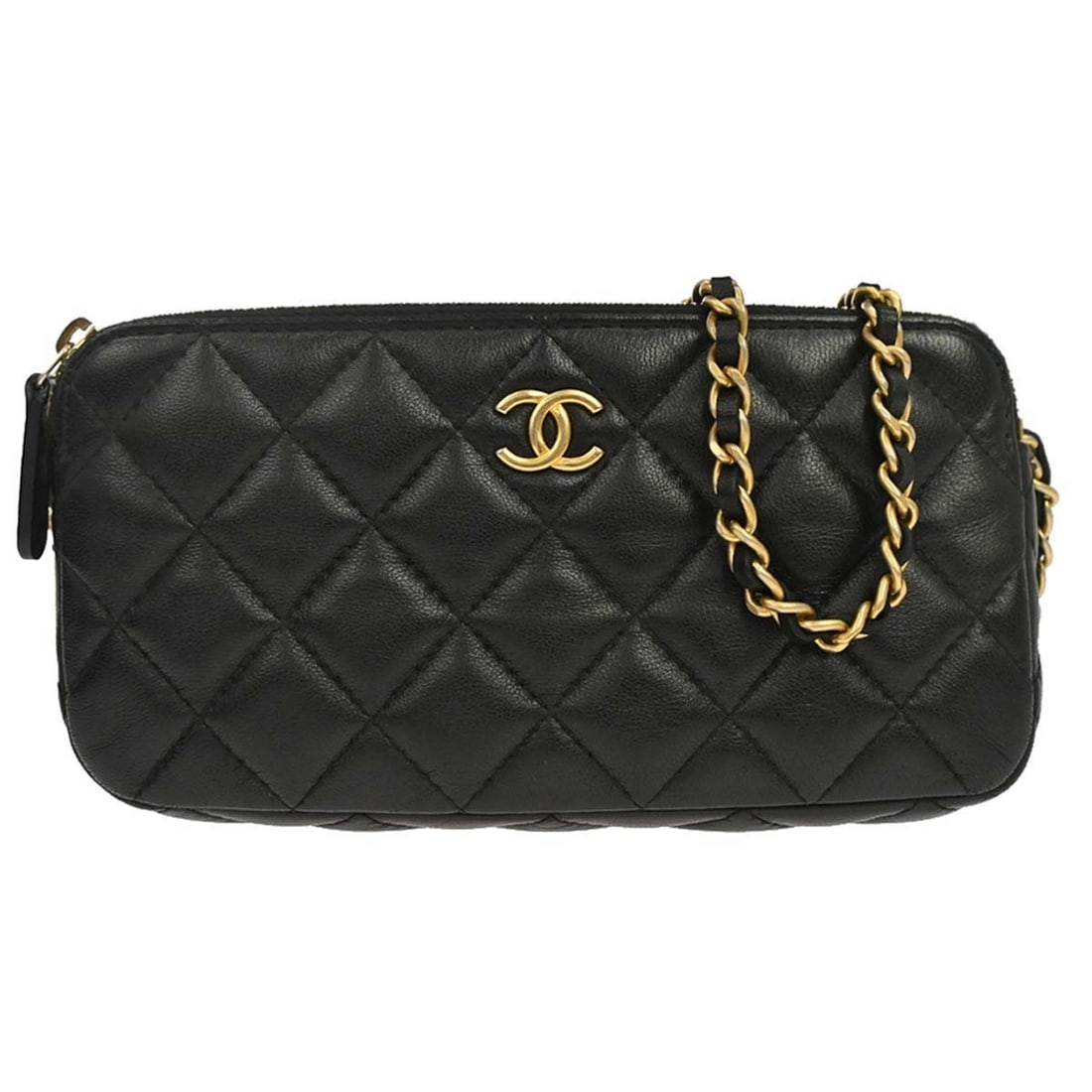 CHANEL Double Zip Chain WOC black lambskin shoulder bag: CHANEL Double Zip Chain WOC black lambskin shoulder bag Chanel Double Zip Chain WOC shoulder bag in black lambskin with a chain shoulder strap and fabric lining. This mini shoulder bag features a zip 