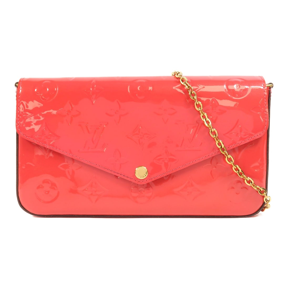 Louis Vuitton Pochette Chain Shoulder Bag Monogram Vernis Pink GHW: Louis Vuitton Pochette Chain Shoulder Bag Monogram Vernis Pink GHW A Louis Vuitton Pochette Chain shoulder bag in Pink Monogram Vernis with a chain shoulder strap and gold-tone hardware. The bag is ma