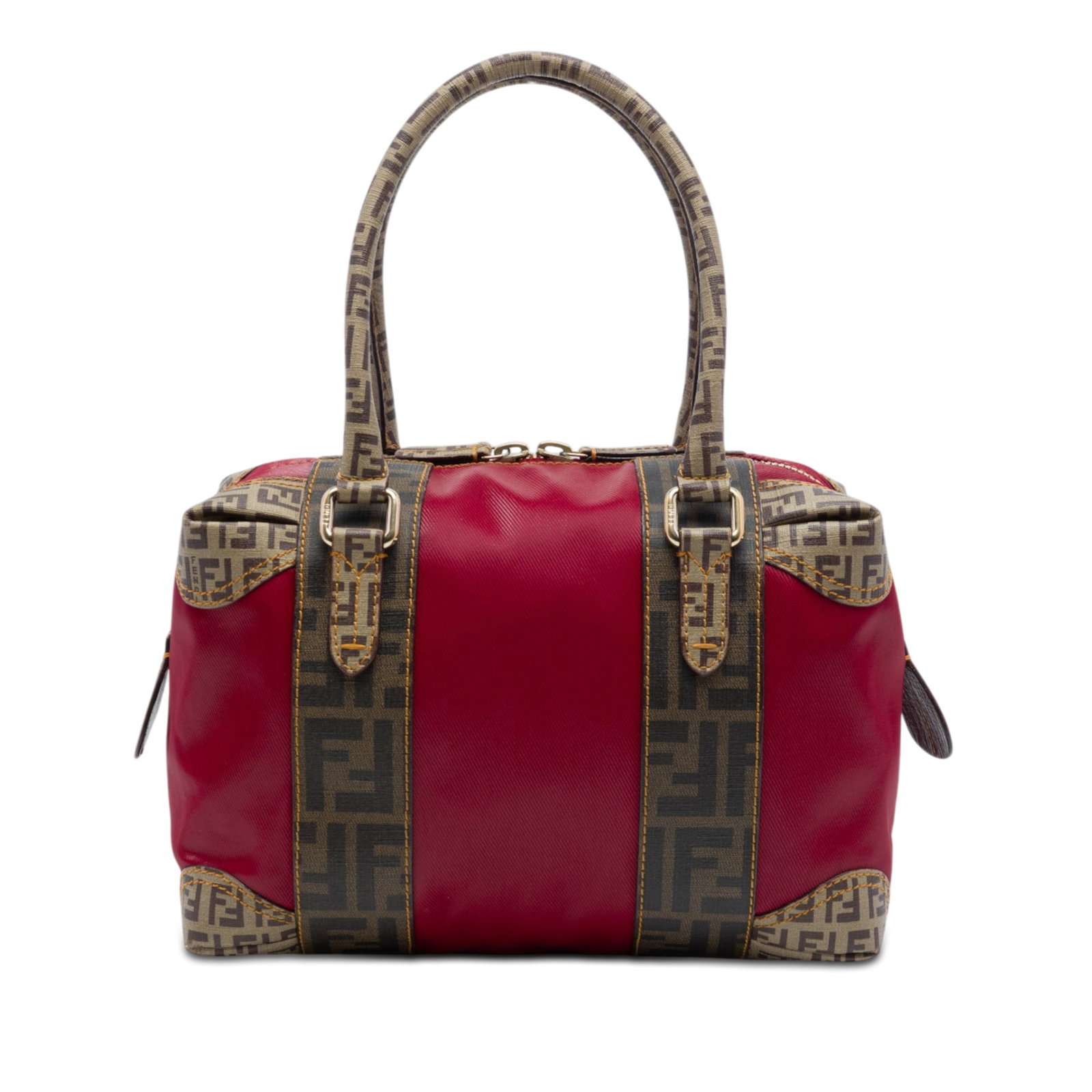 Fendi Zucca Boston Bag in Red Coated Canvas Mixed Media: Fendi Zucca Boston Bag in Red Coated Canvas Mixed Media Fendi Boston bag in red coated canvas with mixed media trim. The bag features rolled handles, a top zip closure, and interior slip pockets. Cond