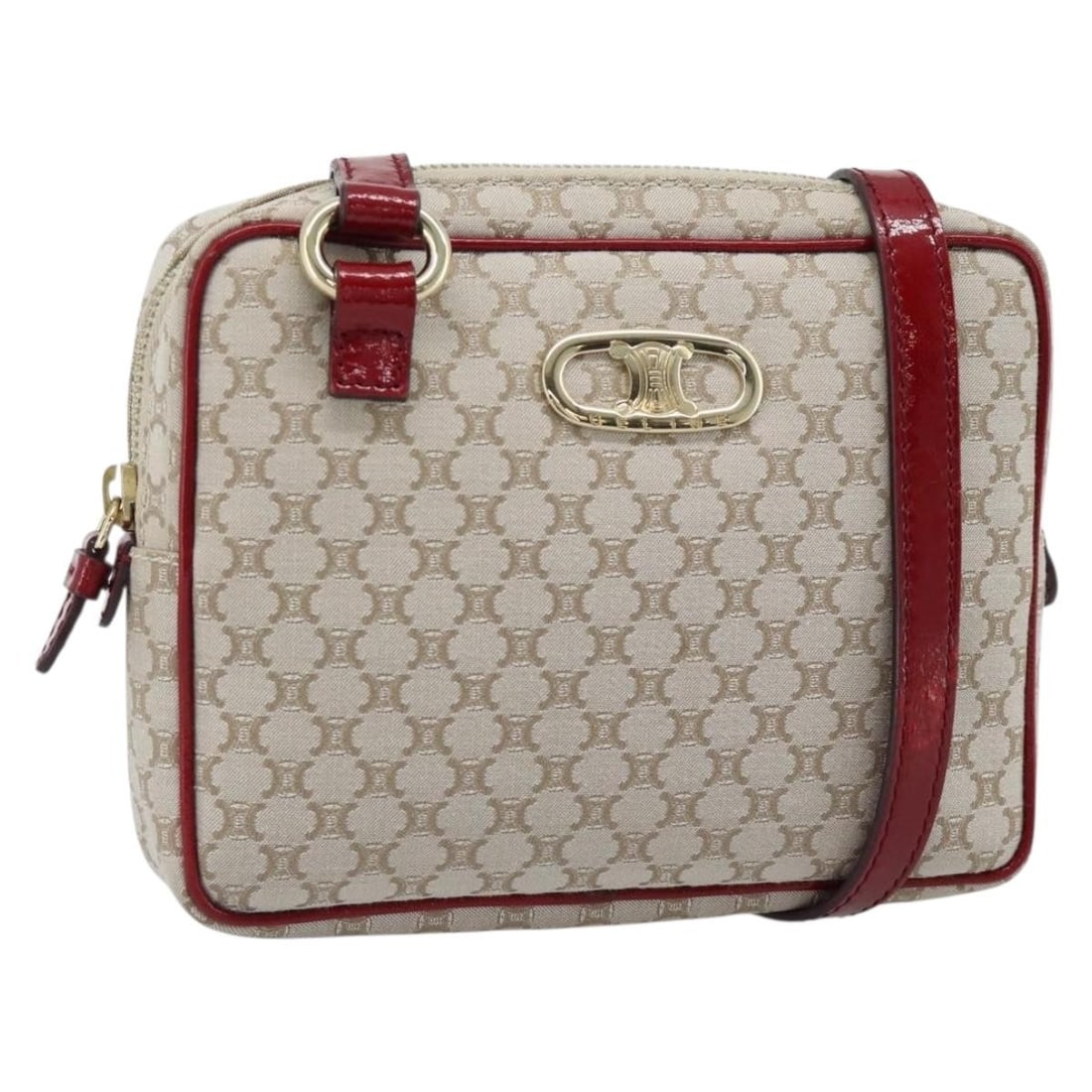 CELINE Macadam Canvas Beige Gold Shoulder Bag Made in Italy: CELINE Macadam Canvas Beige Gold Shoulder Bag Made in Italy CELINE shoulder bag in Macadam Canvas with a beige and gold colorway. Made in Italy, this women's bag measures approximately 18 cm wide, 14 
