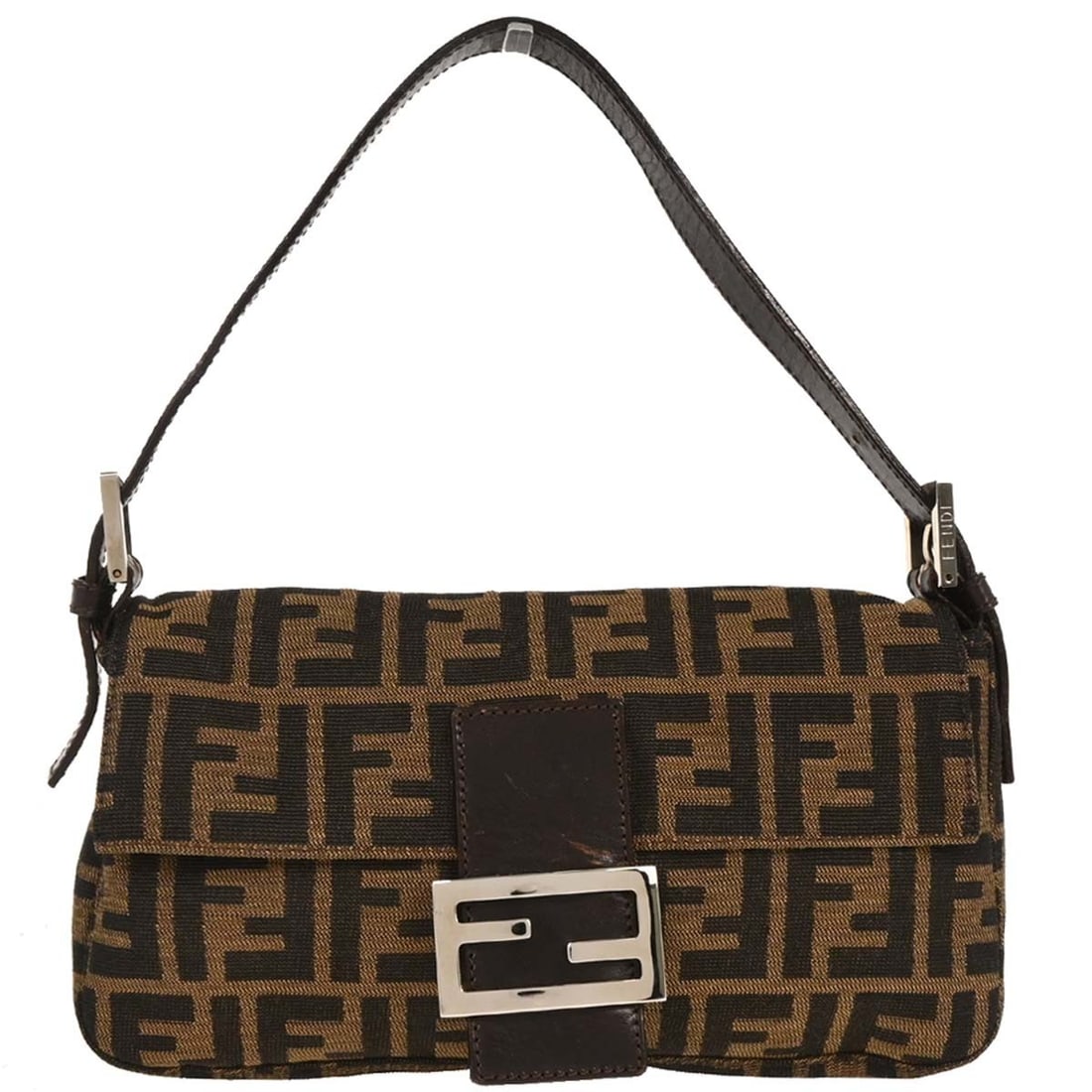 Fendi Baguette Zucca Canvas Shoulder Bag Brown 2087 26424 099: Fendi Baguette Zucca Canvas Shoulder Bag Brown 2087 26424 099 Fendi Zucca Baguette handbag in brown and black canvas with leather trim. This medium shoulder bag features the signature logo pattern, a 