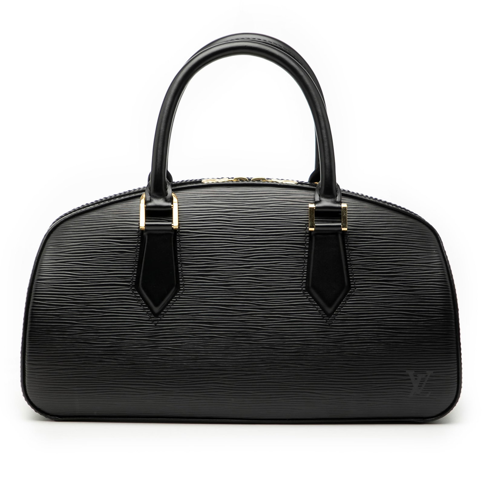 Epi Jasmine black leather handbag by Louis Vuitton with rolled handles: Epi Jasmine black leather handbag by Louis Vuitton with rolled handles This Louis Vuitton Epi Jasmine bag features a black epi leather body with rolled leather handles, a top zip closure, and an inter