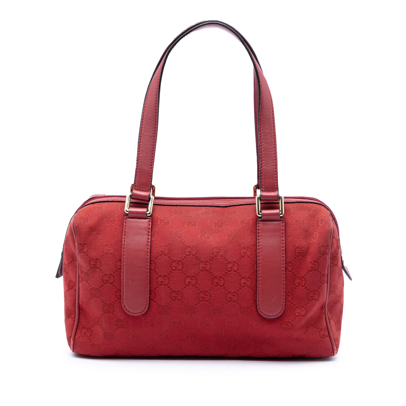 Gucci GG Canvas Red Boston Handbag with Leather Trim: Gucci GG Canvas Red Boston Handbag with Leather Trim Gucci GG Canvas Boston Bag in red canvas with leather trim and flat leather handles. The bag features a top zip closure and an interior with zip an