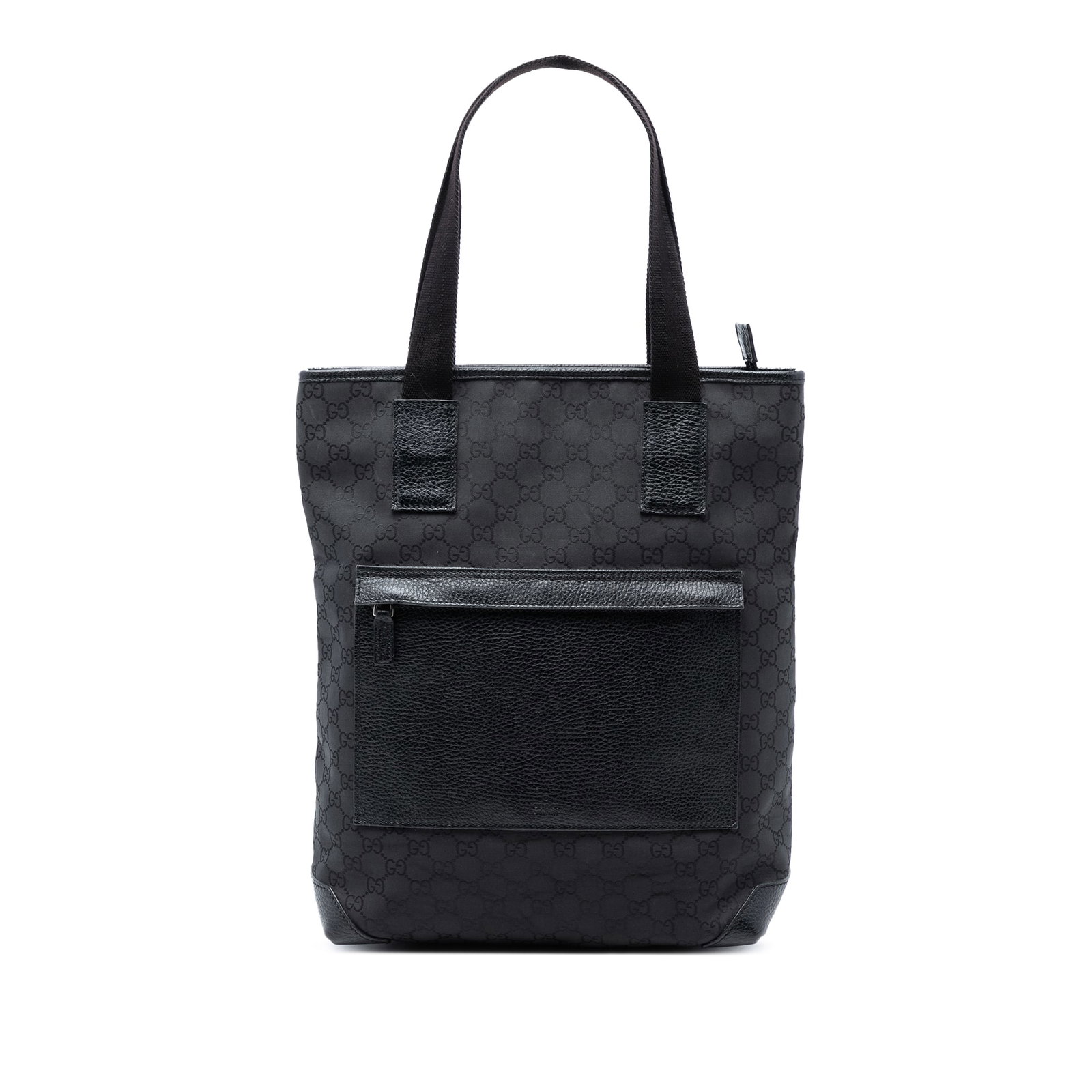 Gucci GG Nylon Black Tote Bag Leather Trim: Gucci GG Nylon Black Tote Bag Leather Trim This Gucci GG Nylon Tote features a durable nylon body with leather trim and flat leather straps. The bag includes a top zip closure for secure storage, an e