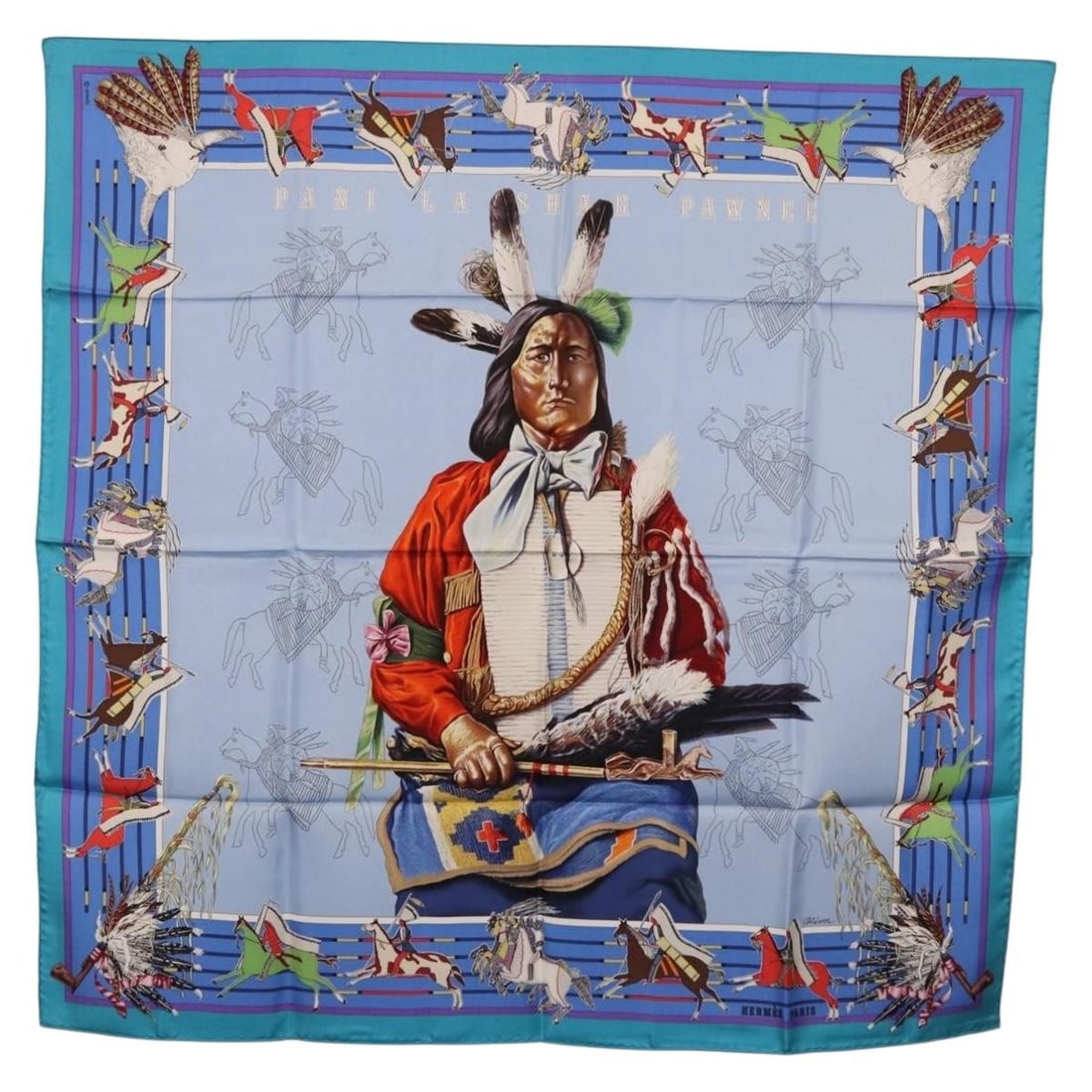 Blue Silk Scarf Hermes Carre 90 PANI LA SHAR PAWNEE (1 of 18)