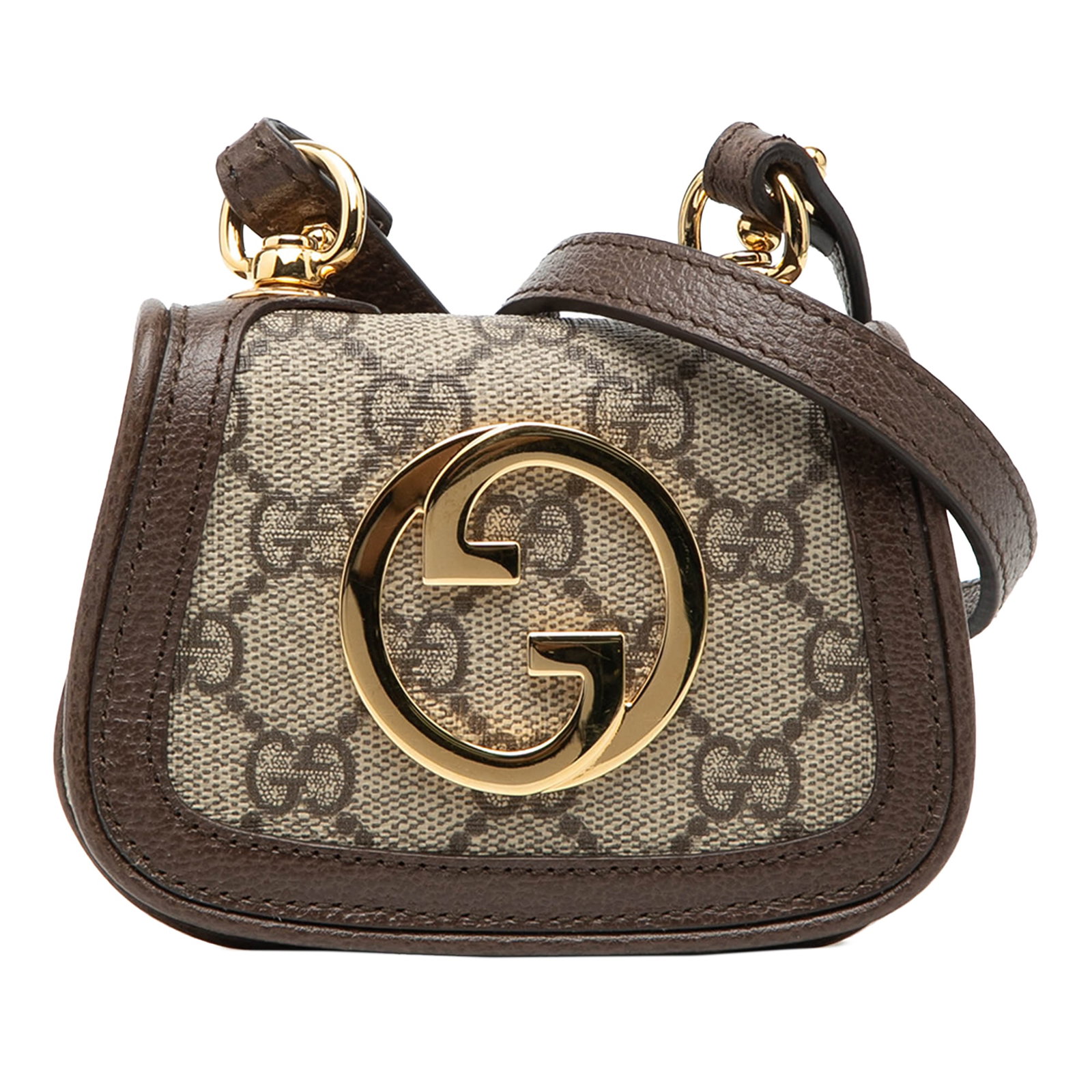 Gucci Blondie GG Supreme card case strap bag: Gucci Blondie GG Supreme card case strap bag This Gucci GG Supreme Blondie Card Case on Strap features a coated canvas body with leather trim, an adjustable flat leather shoulder strap, and a front fl