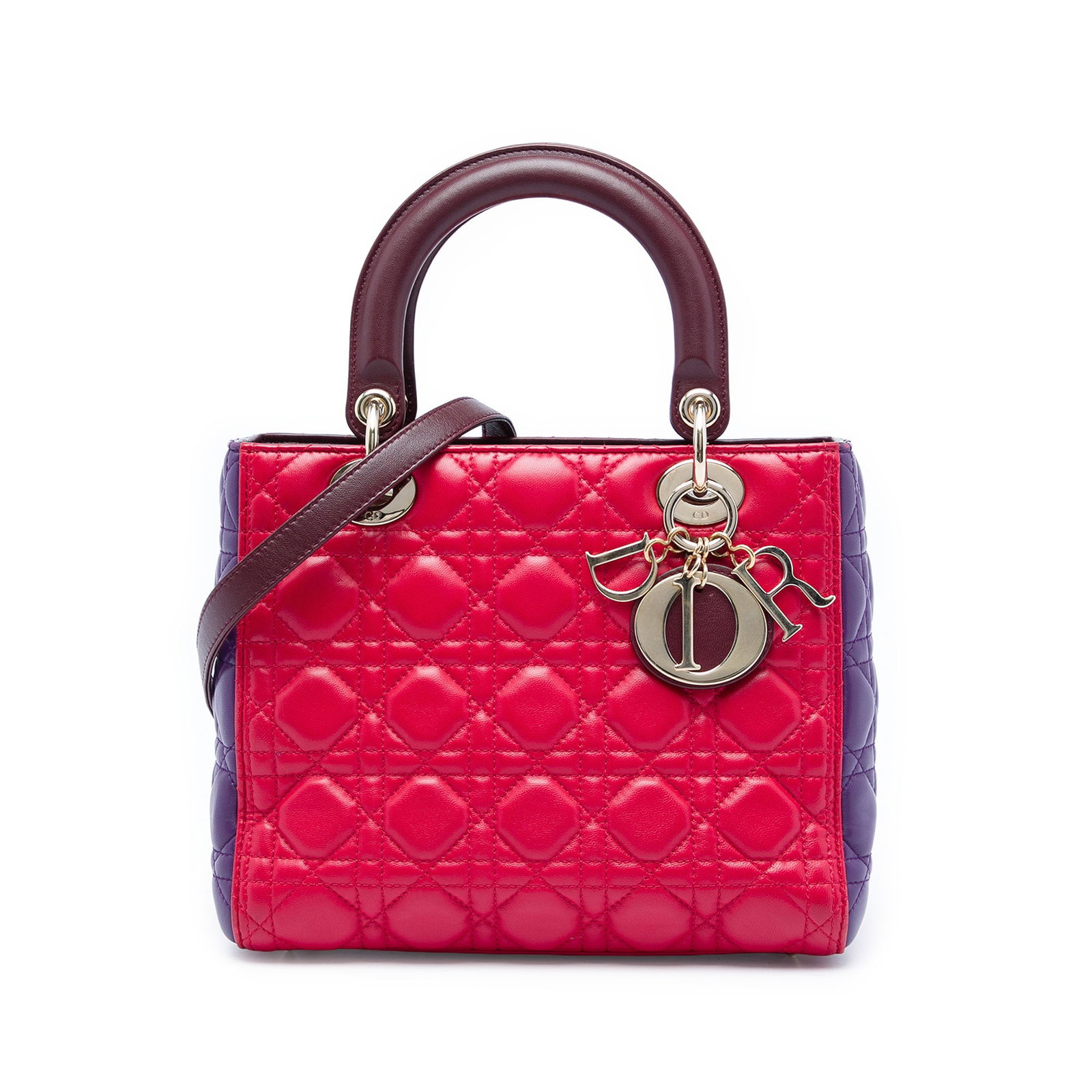 Dior Lady Dior Medium Tricolor Cannage Lambskin Bag: Dior Lady Dior Medium Tricolor Cannage Lambskin Bag Medium Lady Dior bag in tricolor lambskin leather with Cannage quilting. It features flat leather top handles, a detachable flat leather shoulder st