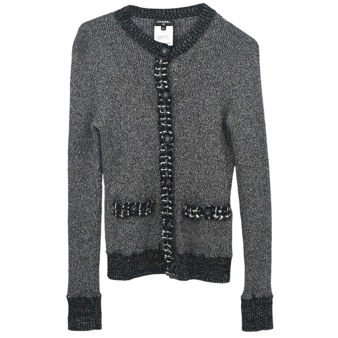 CHANEL P57386K07532 Black Knit Cardigan Women Size 34: CHANEL P57386K07532 Black Knit Cardigan Women Size 34 Vintage Chanel cardigan in black knit with button accents and two exterior pockets. This women's regular-fit long-sleeve piece is made in Italy an