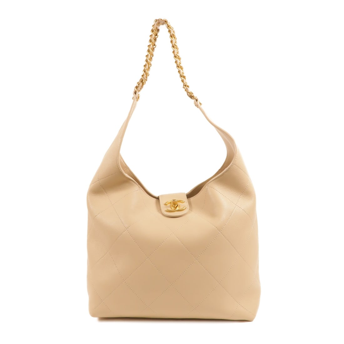 CHANEL AS5425 25P Beige Lambskin Hobo Shoulder Bag: CHANEL AS5425 25P Beige Lambskin Hobo Shoulder Bag This CHANEL hobo shoulder bag is crafted from beige lambskin leather and features a turn lock closure. It is a women's regular-size bag with a very g