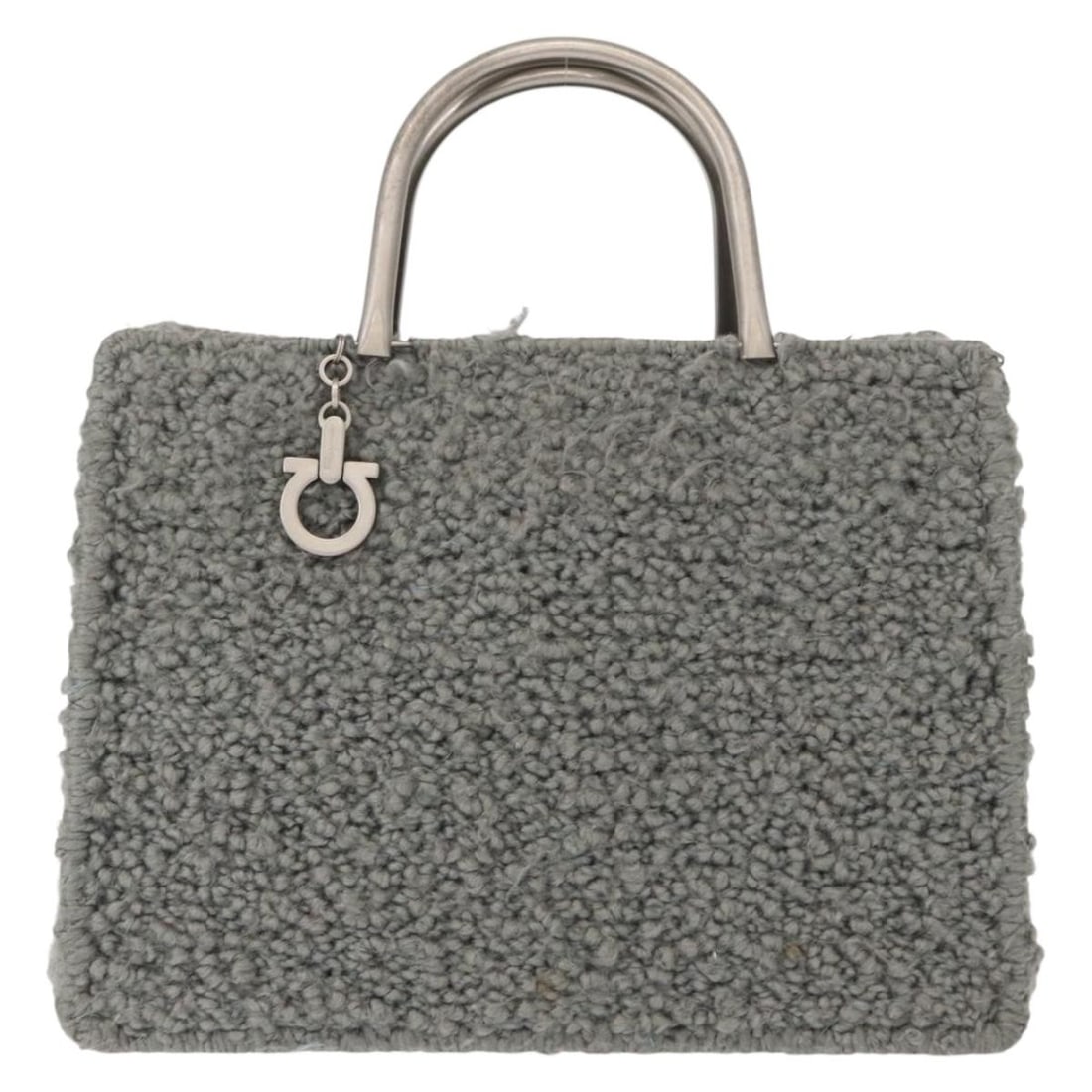 Gray Wool Handbag Salvatore Ferragamo Gancini 28cm x 21cm x 12cm: Gray Wool Handbag Salvatore Ferragamo Gancini 28cm x 21cm x 12cm This Salvatore Ferragamo Gancini handbag for women features a gray wool exterior with metal fittings. The pre-owned bag measures 28cm x
