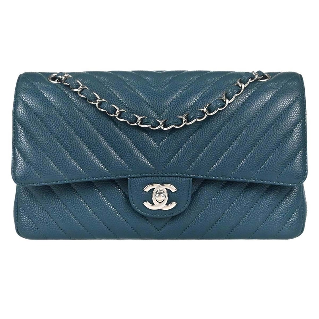 CHANEL Classic Double Flap Medium Blue Caviar Leather Shoulder Bag: CHANEL Classic Double Flap Medium Blue Caviar Leather Shoulder Bag Chanel medium Classic Double Flap shoulder bag in blue caviar skin leather with a matelasse pattern and logo accent. It features a tu