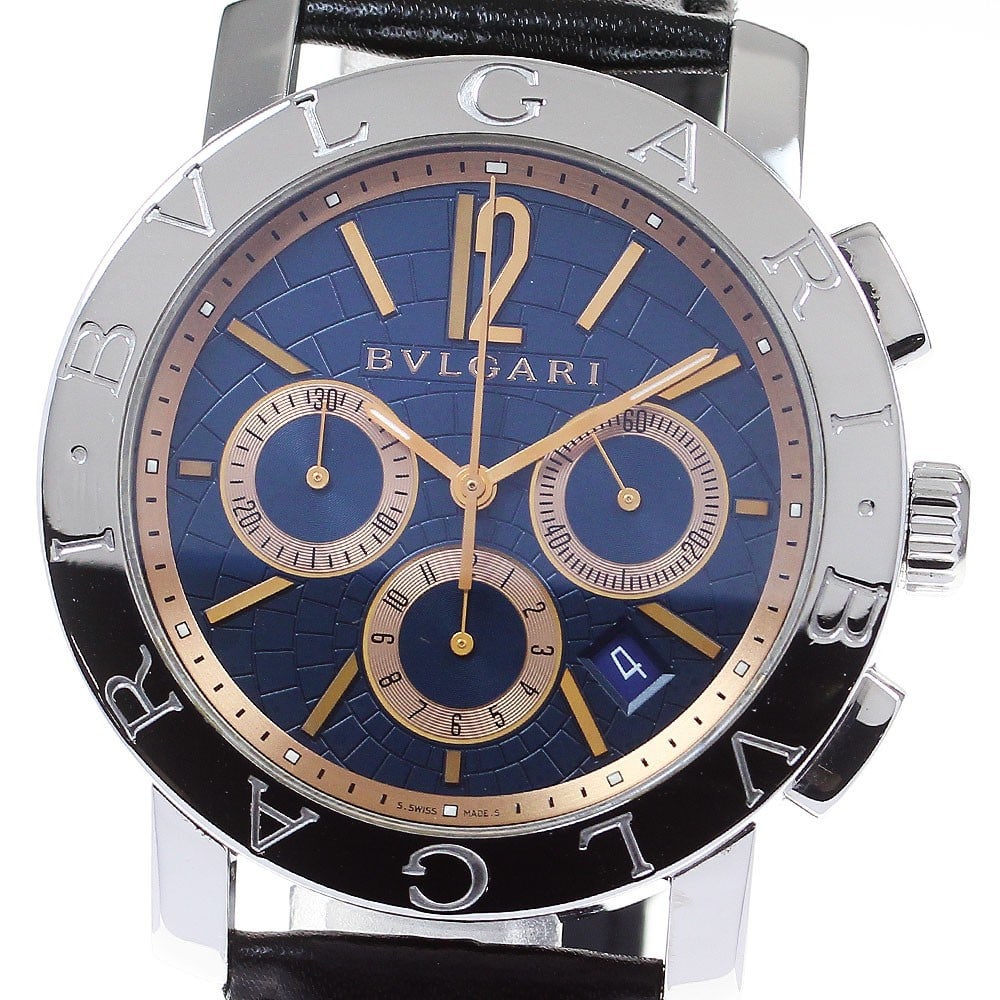 BVLGARI BVLGARIBVLGARI BB42SLCH mens automatic chronograph watch aftermarket strap: BVLGARI BVLGARIBVLGARI BB42SLCH mens automatic chronograph watch aftermarket strap Pre-owned BVLGARI BVLGARIBVLGARI chronograph automatic men's wristwatch with a stainless steel case and navy/pink gol