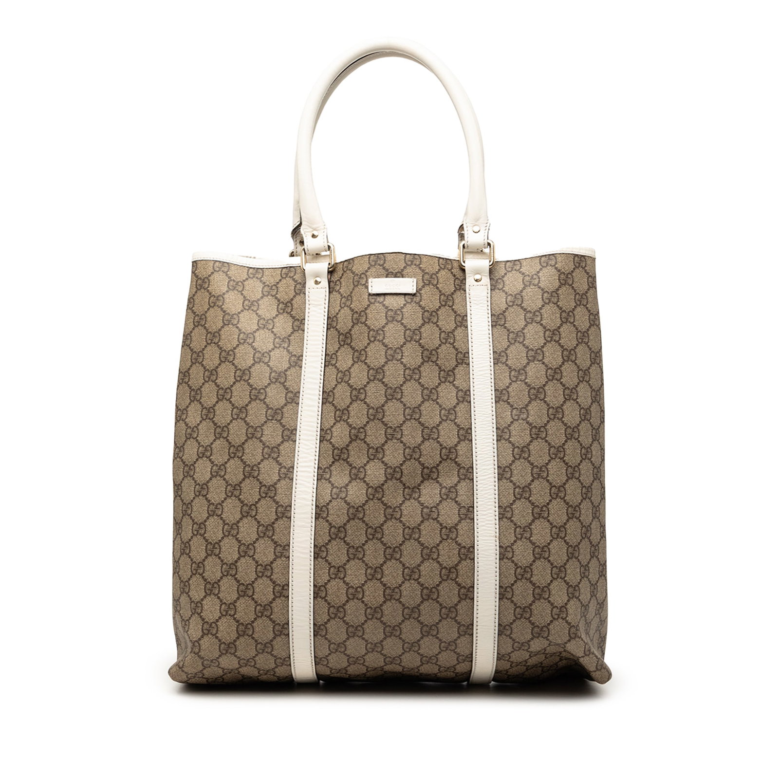 Gucci Joy Vertical Tote GG Supreme Coated Canvas Bag: Gucci Joy Vertical Tote GG Supreme Coated Canvas Bag Gucci GG Supreme Joy Vertical Tote in beige, made in Italy. This tote bag features a coated canvas body with leather trim, rolled leather handles, 
