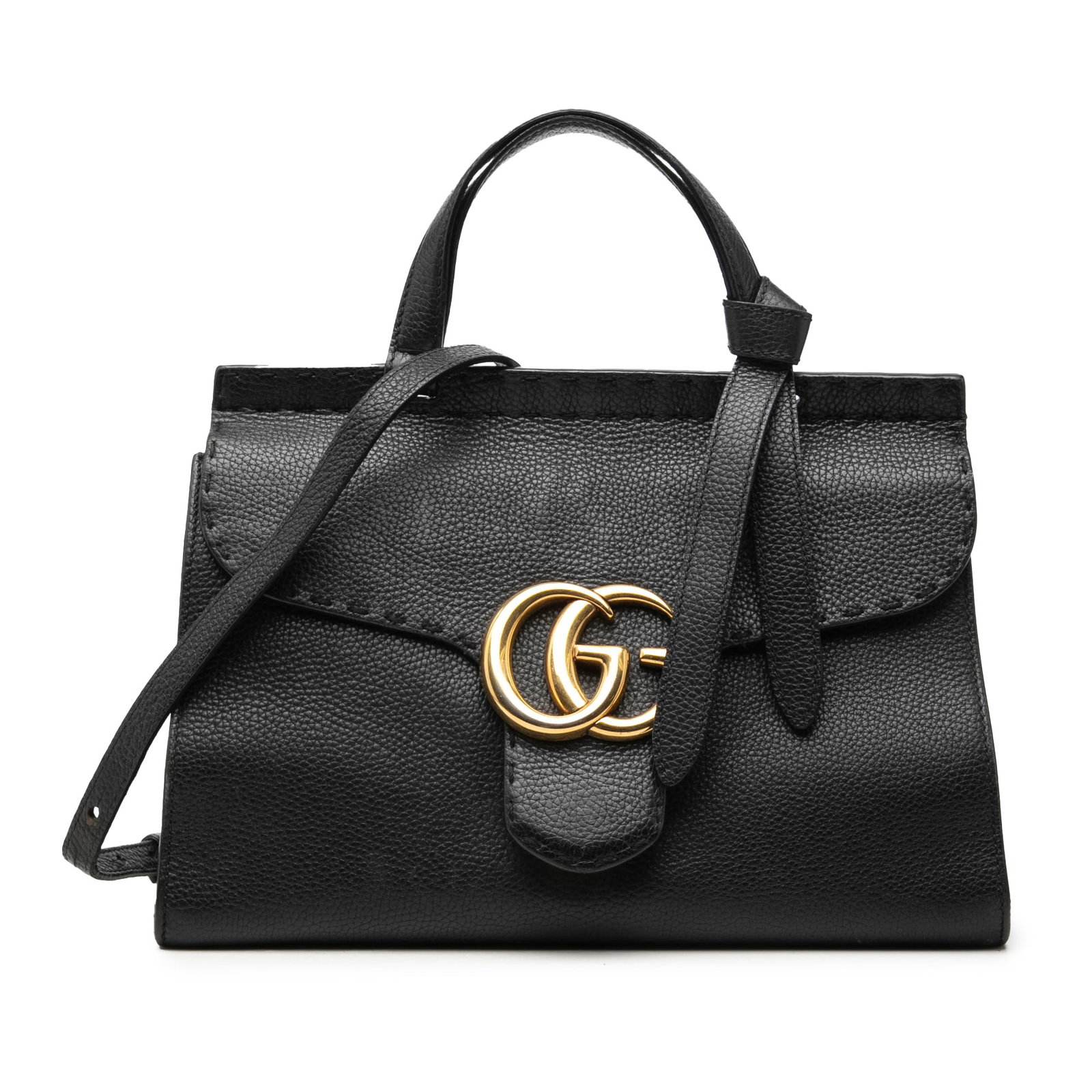 Gucci GG Marmont Small Top Handle Leather Satchel Black: Gucci GG Marmont Small Top Handle Leather Satchel Black Gucci Small GG Marmont grained calfskin top handle satchel in black leather. This satchel features a flat top handle, a detachable and adjustabl