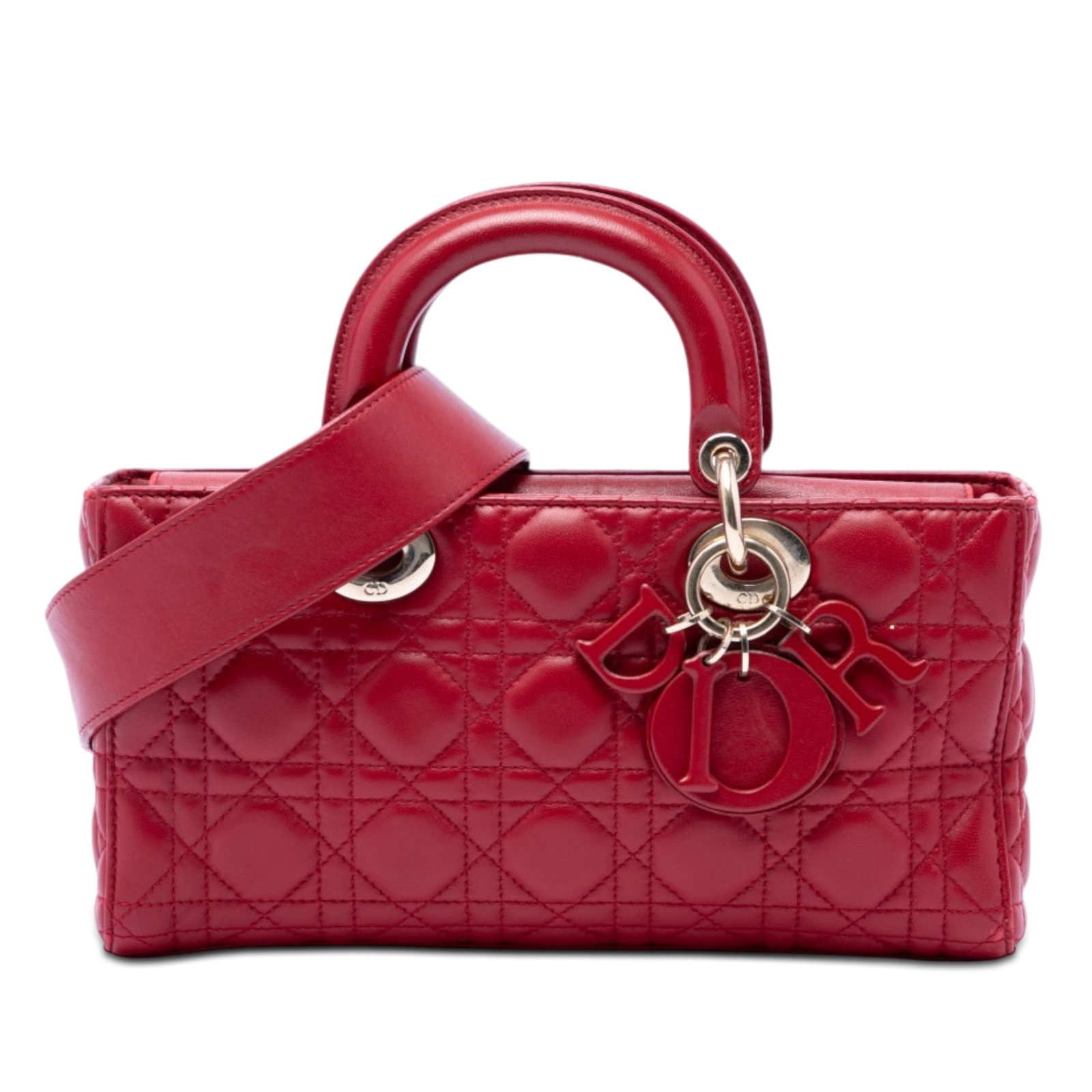 Dior Lady D Joy Medium Cannage Lambskin Shoulder Bag Red: Dior Lady D Joy Medium Cannage Lambskin Shoulder Bag Red Medium Lady D Joy handbag in red quilted lambskin leather with Cannage detailing. It features flat leather top handles, a detachable flat leath