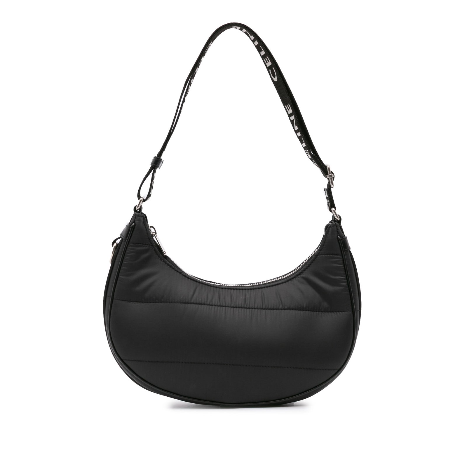 Celine Black Nylon Ava Shoulder Bag with Leather Trim: Celine Black Nylon Ava Shoulder Bag with Leather Trim The Celine Nylon Ava Shoulder Bag is a stylish accessory crafted from durable nylon with elegant leather trim. This bag features an adjustable fla