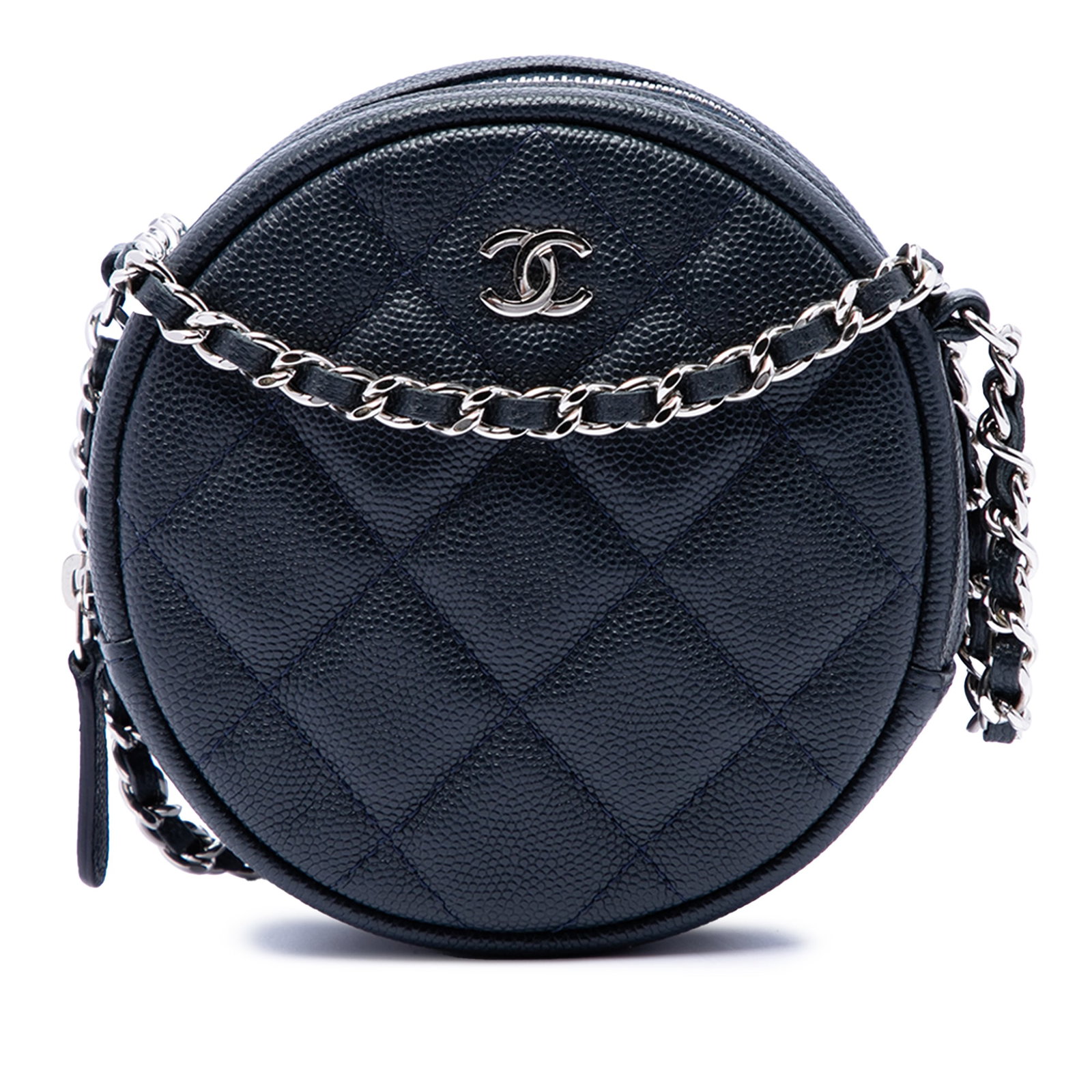 Chanel CC Round Crossbody Bag in Blue Quilted Caviar Leather: Chanel CC Round Crossbody Bag in Blue Quilted Caviar Leather Round Chanel crossbody bag crafted in quilted caviar leather with a leather-woven chain link strap and top zip closure. The bag is finished