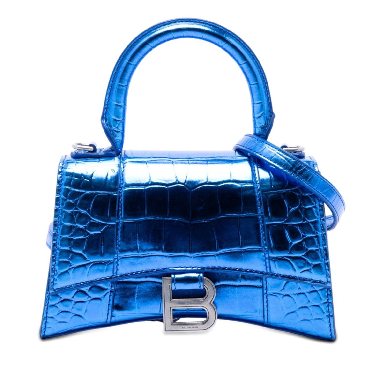 Balenciaga Hourglass XS blue croc embossed metallic calfskin satchel: Balenciaga Hourglass XS blue croc embossed metallic calfskin satchel Balenciaga Hourglass Satchel XS in metallic calfskin leather with croc embossing. This satchel features a rolled top handle, a deta