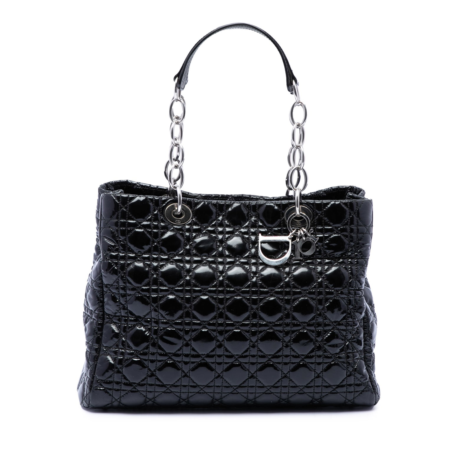 Dior Lady Dior Soft Shopping Tote in Black Patent Leather: Dior Lady Dior Soft Shopping Tote in Black Patent Leather Large Lady Dior Soft Shopping Tote in black patent leather with the signature cannage quilted design. This open-top tote features flat leather