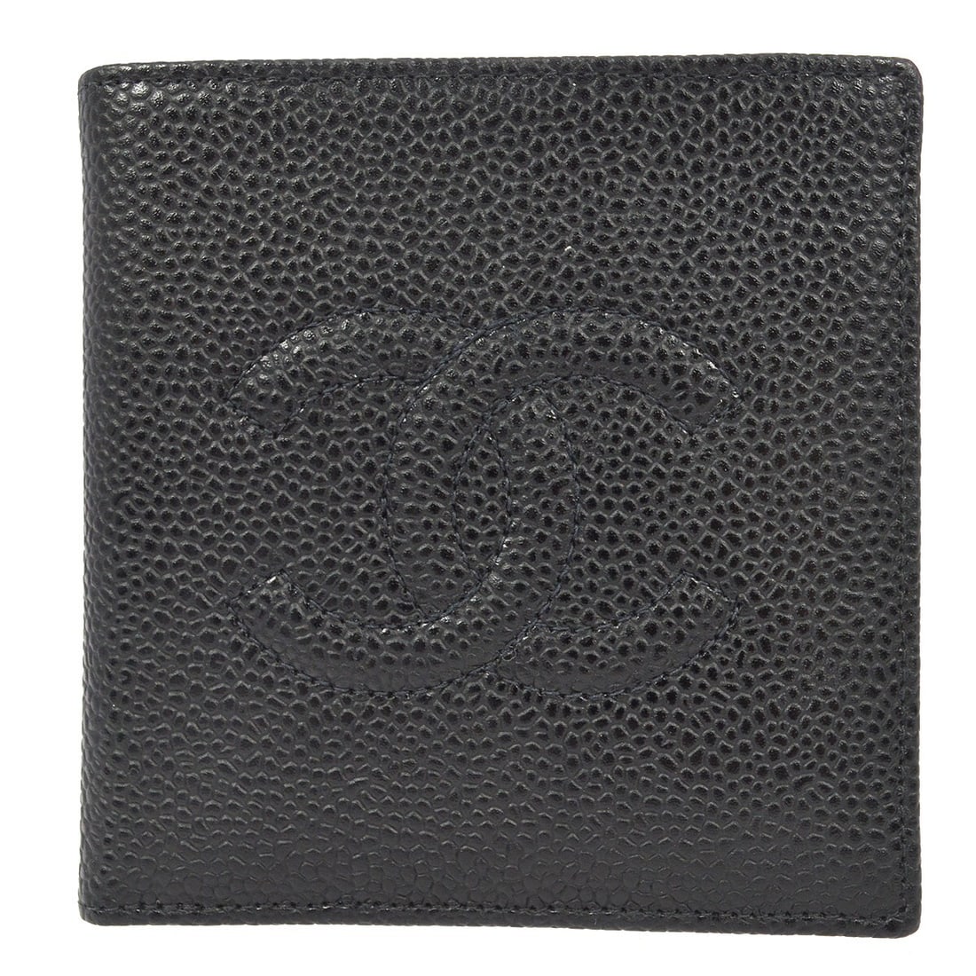 CHANEL CC Bifold Wallet Black Caviar Skin Leather: CHANEL CC Bifold Wallet Black Caviar Skin Leather Vintage Chanel bifold wallet purse in black caviar skin leather with a folding design and CC pattern. The wallet includes one coin purse, three card p