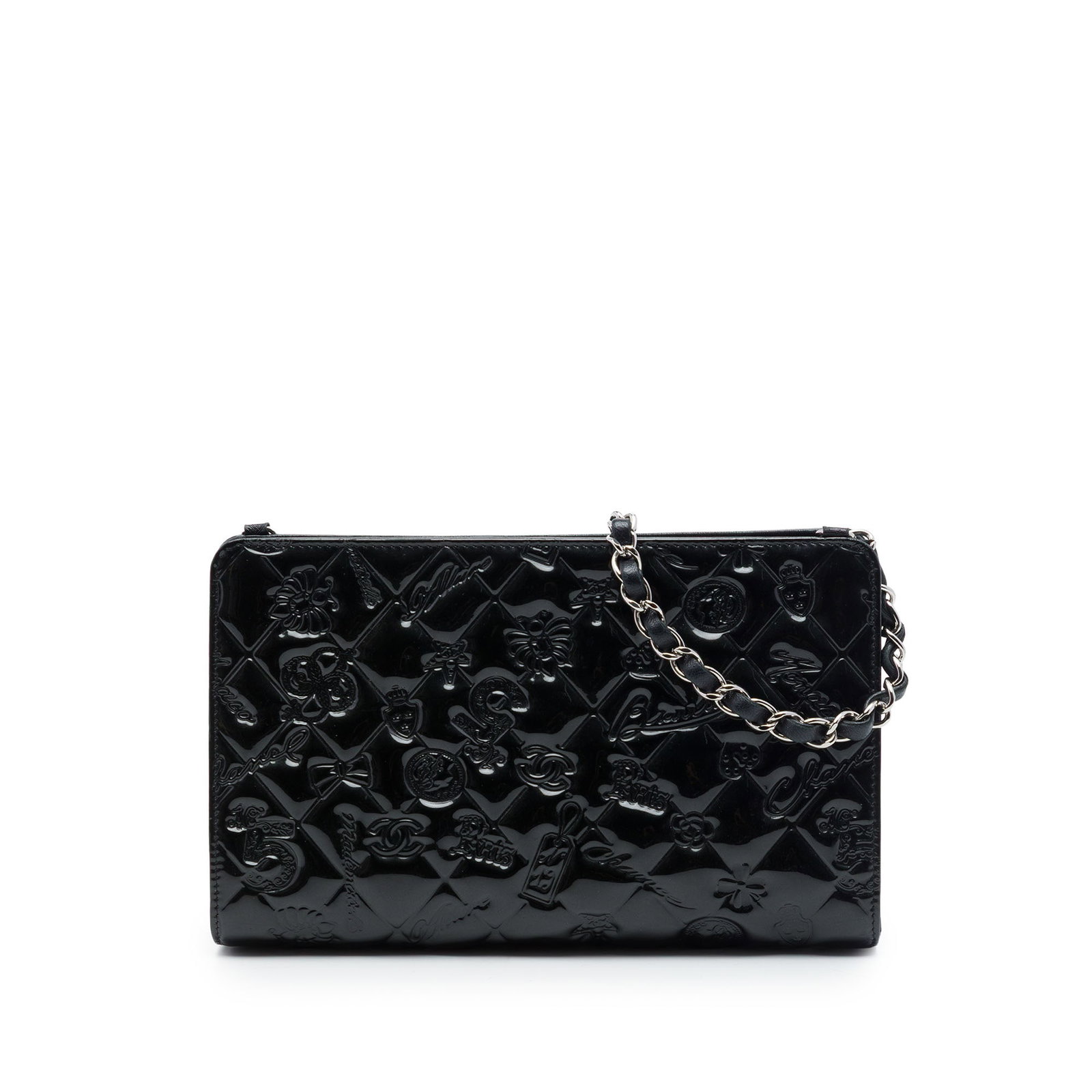 Chanel Lucky Symbols Pochette in Black Embossed Patent Leather: Chanel Lucky Symbols Pochette in Black Embossed Patent Leather Quilted patent embossed Lucky Symbols pochette shoulder bag in black leather with a leather-woven chain link shoulder strap, top zip clos