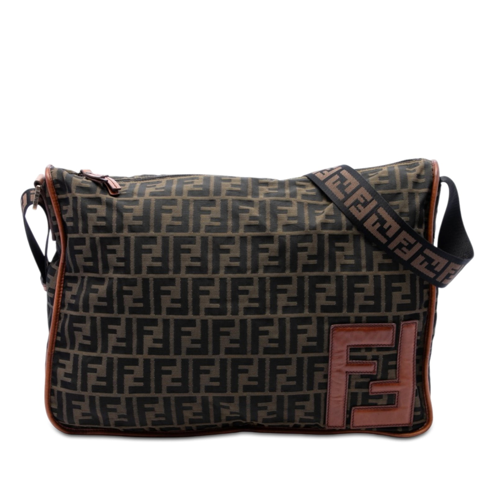 Fendi Zucca Brown Canvas Crossbody Bag with Leather Trim: Fendi Zucca Brown Canvas Crossbody Bag with Leather Trim Fendi Zucca canvas crossbody bag with leather trim, a flat strap, a 2-way top zip closure, and an interior zip pocket. Made in Italy. Condition