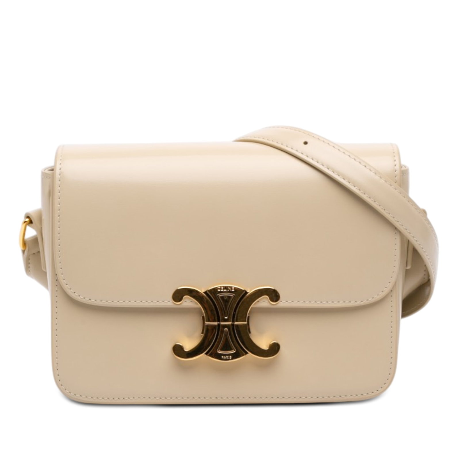 Celine Triomphe Teen Crossbody Bag in Brown Shiny Calfskin: Celine Triomphe Teen Crossbody Bag in Brown Shiny Calfskin Celine Teen Triomphe crossbody bag crafted in shiny calfskin leather with a structured flap-front design and push lock closure. The interior 