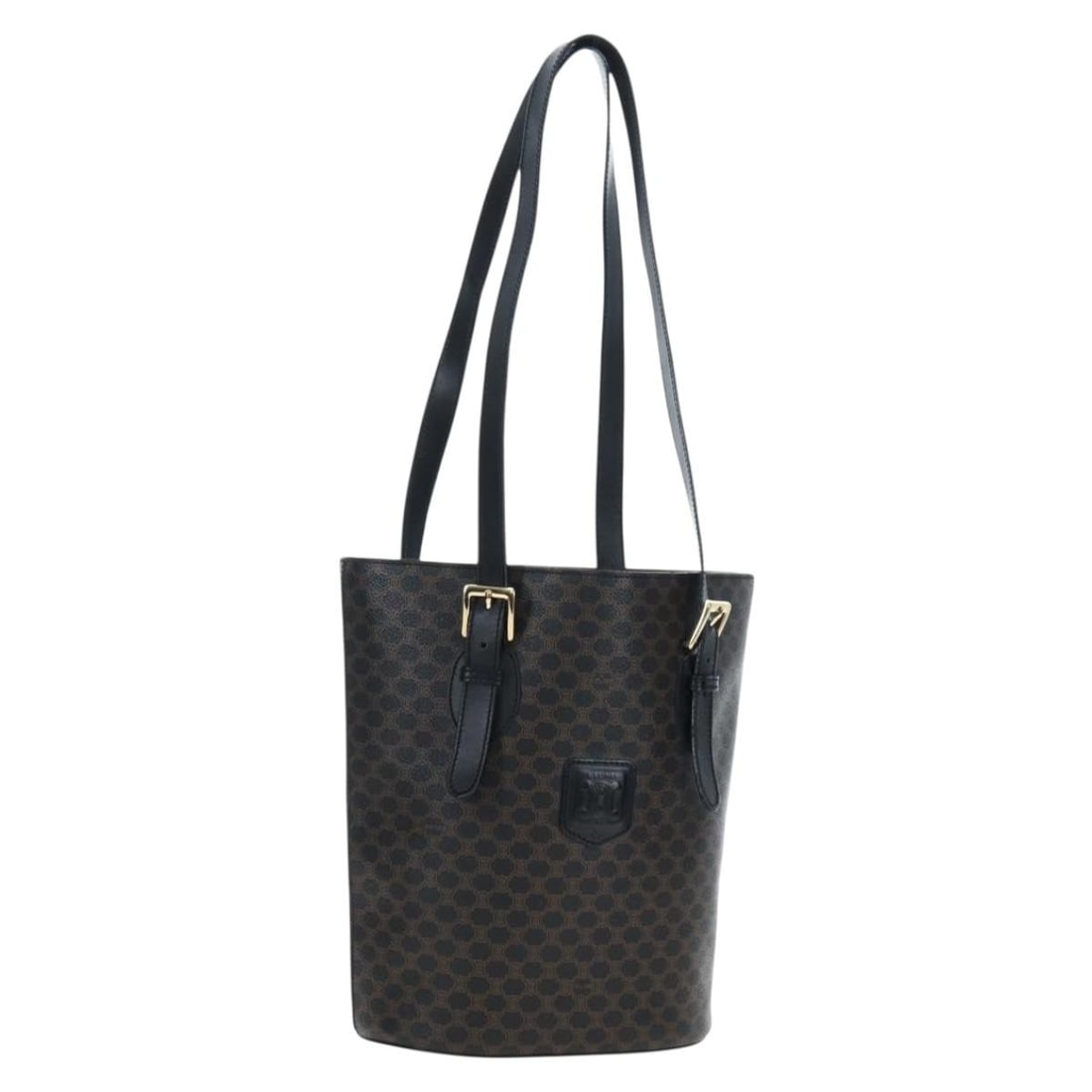 CELINE Macadam Canvas PVC Leather Tote Black Gold Italy: CELINE Macadam Canvas PVC Leather Tote Black Gold Italy Celine Macadam canvas tote bag crafted with PVC leather in black and gold. Made in Italy, this women's tote features a compact structured silhou