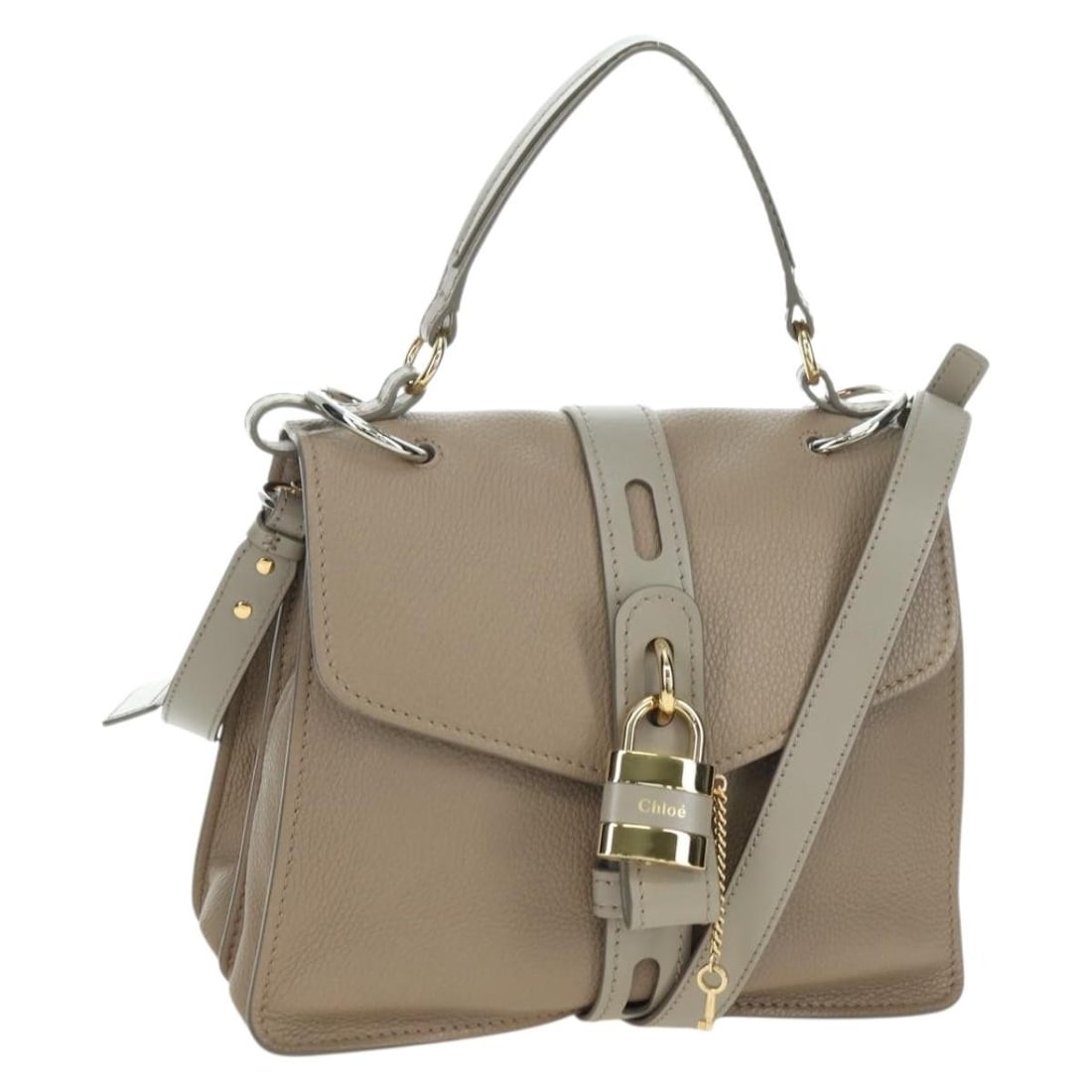 Chloe Abbey 2way Leather Handbag Beige with Shoulder Strap: Chloe Abbey 2way Leather Handbag Beige with Shoulder Strap Chloe Abbey hand bag in leather with a 2-way design and a shoulder strap accessory. It is presented in beige, gold, and silver, and was made 