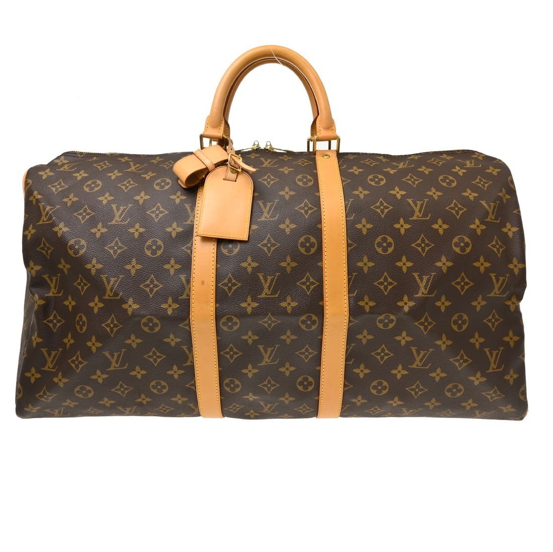 Louis Vuitton Keepall 55 Monogram Canvas Duffle Bag M41424: Louis Vuitton Keepall 55 Monogram Canvas Duffle Bag M41424 Vintage Louis Vuitton Keepall 55 travel handbag in Monogram canvas and leather with double handles and zip closure. This unisex duffle-style 