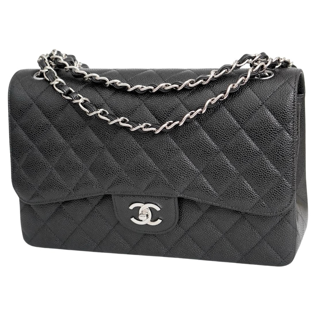 Chanel Classic Flap Jumbo Handbag in Black Caviar Leather: Chanel Classic Flap Jumbo Handbag in Black Caviar Leather Black Chanel Jumbo Classic Flap Bag in caviar leather with silver hardware. It is described as being in perfect condition and new with box. Sp
