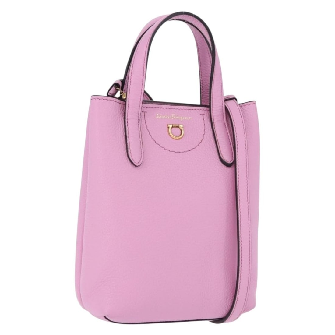 Salvatore Ferragamo Gancini Leather 2way Handbag Pink Gold: Salvatore Ferragamo Gancini Leather 2way Handbag Pink Gold Salvatore Ferragamo Gancini 2-way handbag in pink leather with gold-tone accents. Designed for women, this compact bag includes both a top