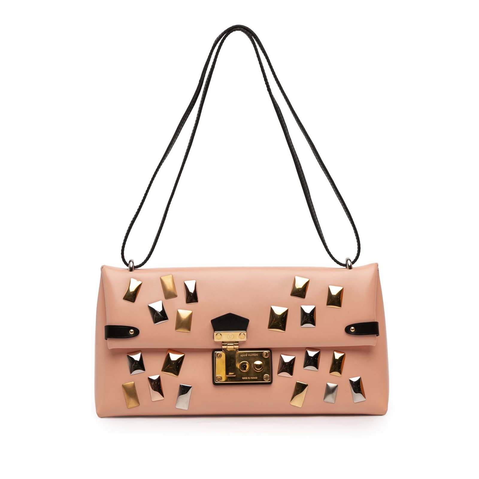 Louis Vuitton Pink Glazed Calfskin Sac Triangle PM Bag with Gold and Silver Accents: Louis Vuitton Pink Glazed Calfskin Sac Triangle PM Bag with Gold and Silver Accents The Louis Vuitton Glazed Calfskin Sac Triangle PM is crafted from leather and features gold and silver tone metal em