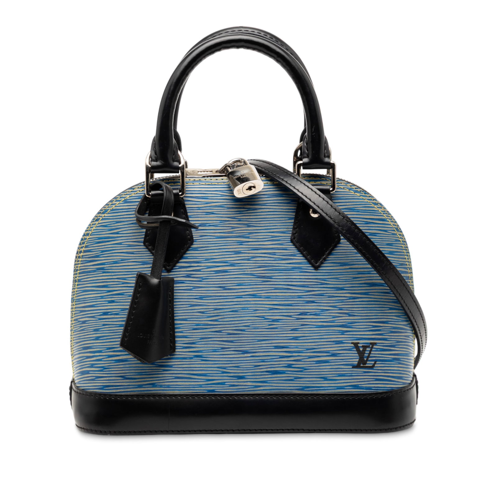 Louis Vuitton Alma BB Epi Leather Blue Bag with Strap: Louis Vuitton Alma BB Epi Leather Blue Bag with Strap The Louis Vuitton Epi Denim Alma BB features a structured blue epi leather body with rolled leather handles and a detachable flat leather strap. I