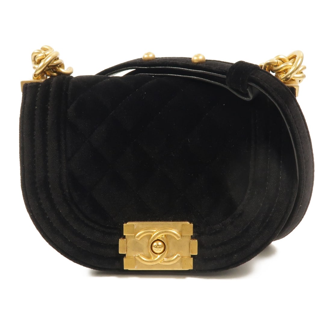CHANEL AS3350 Mini Boy Shoulder Bag Black Velvet Chain Strap: CHANEL AS3350 Mini Boy Shoulder Bag Black Velvet Chain Strap Mini Boy messenger shoulder bag in black velvet with chain strap and flap closure. Includes a storage box, storage bags, and hologram stick