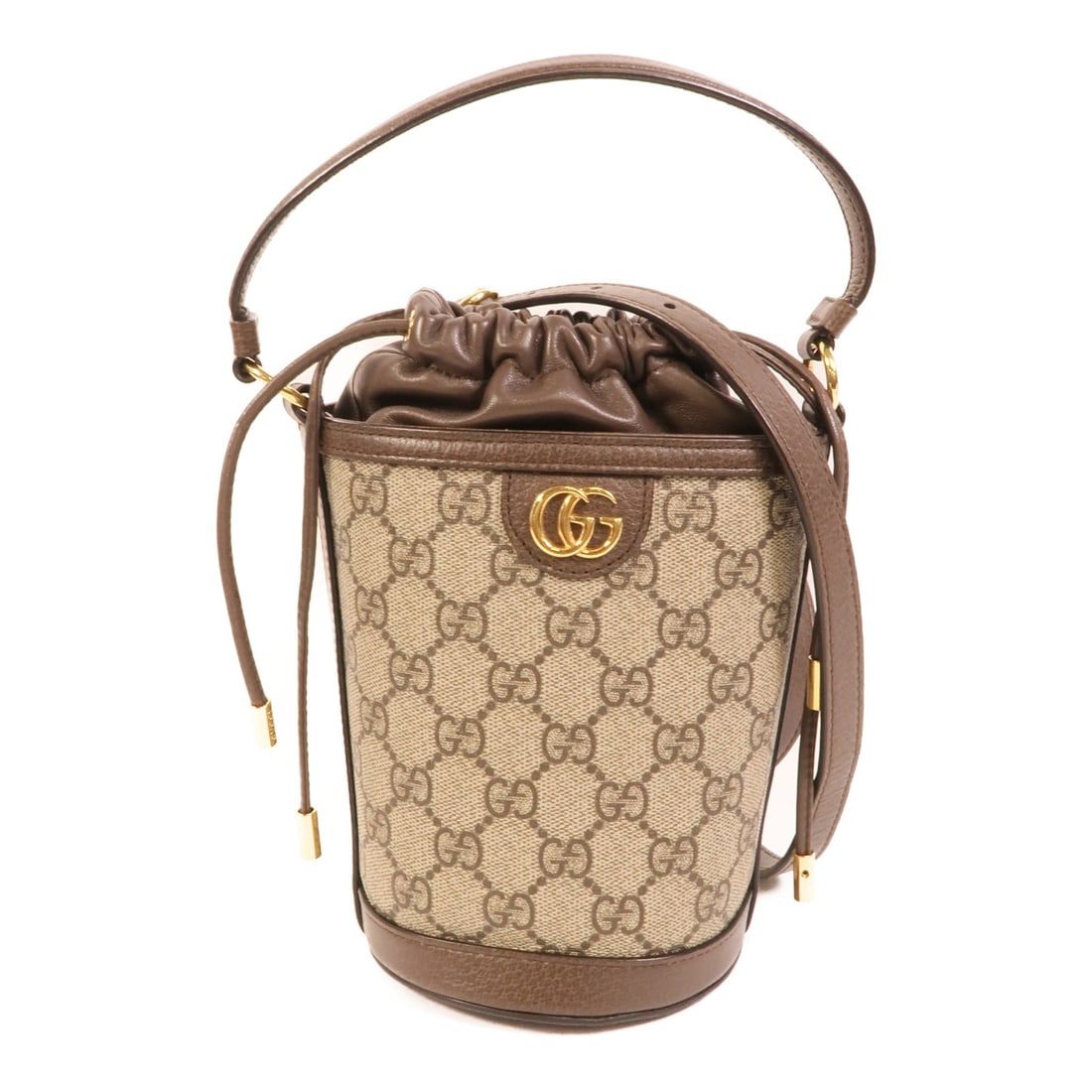 Gucci GG Supreme Basket Mini 2way Shoulder Bag Brown PVC Canvas: Gucci GG Supreme Basket Mini 2way Shoulder Bag Brown PVC Canvas Gucci GG Supreme Basket Mini 2-way shoulder bag in brown PVC coated canvas. This women's bag features a compact structured design with d