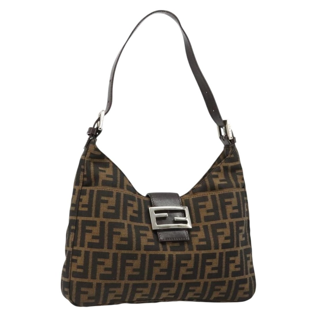 FENDI Mamma Baguette Shoulder Bag Zucca Canvas Black Brown: FENDI Mamma Baguette Shoulder Bag Zucca Canvas Black Brown Fendi Mamma Baguette shoulder bag in Zucca canvas with a black and brown colorway. This women's bag was made in Italy and comes with a dust b