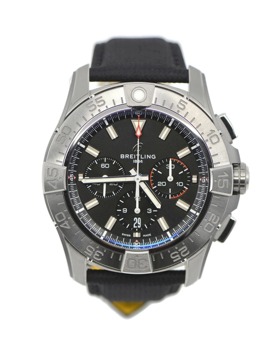 Super Avenger B01 46mm Titanium Chronograph Wristwatch Black Leather Strap: Super Avenger B01 46mm Titanium Chronograph Wristwatch Black Leather Strap The Breitling B01 Super Avenger Chronograph is a men's wristwatch featuring a round titanium case measuring 46 mm. It is equi