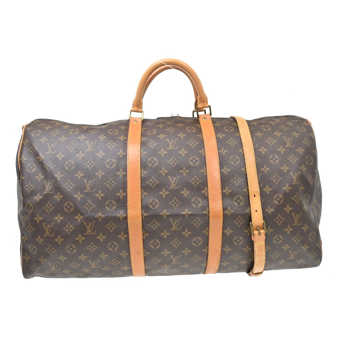Louis Vuitton Keepall Bandouliere 60 Monogram Travel Duffle M41412: Louis Vuitton Keepall Bandouliere 60 Monogram Travel Duffle M41412 Vintage Louis Vuitton Keepall Bandouliere 60 duffle bag in brown Monogram canvas with leather trim and double handles. This extra