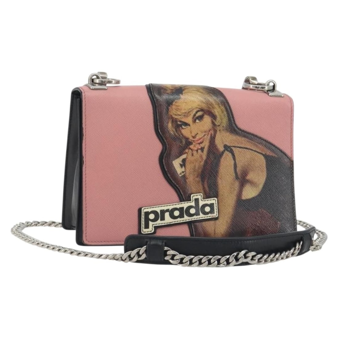 PRADA Saffiano Leather Shoulder Bag Pink Silver Chain Strap: PRADA Saffiano Leather Shoulder Bag Pink Silver Chain Strap Prada shoulder bag in pink Saffiano leather with silver-tone accents. Made in Italy, this women's bag features a chain shoulder strap and is